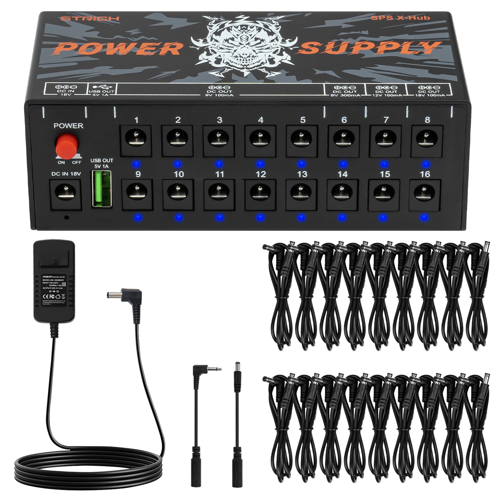 STRICH SPS X-Hub Guitar Pedal Power Supply, 16 Outputs, 9V/12V/18V