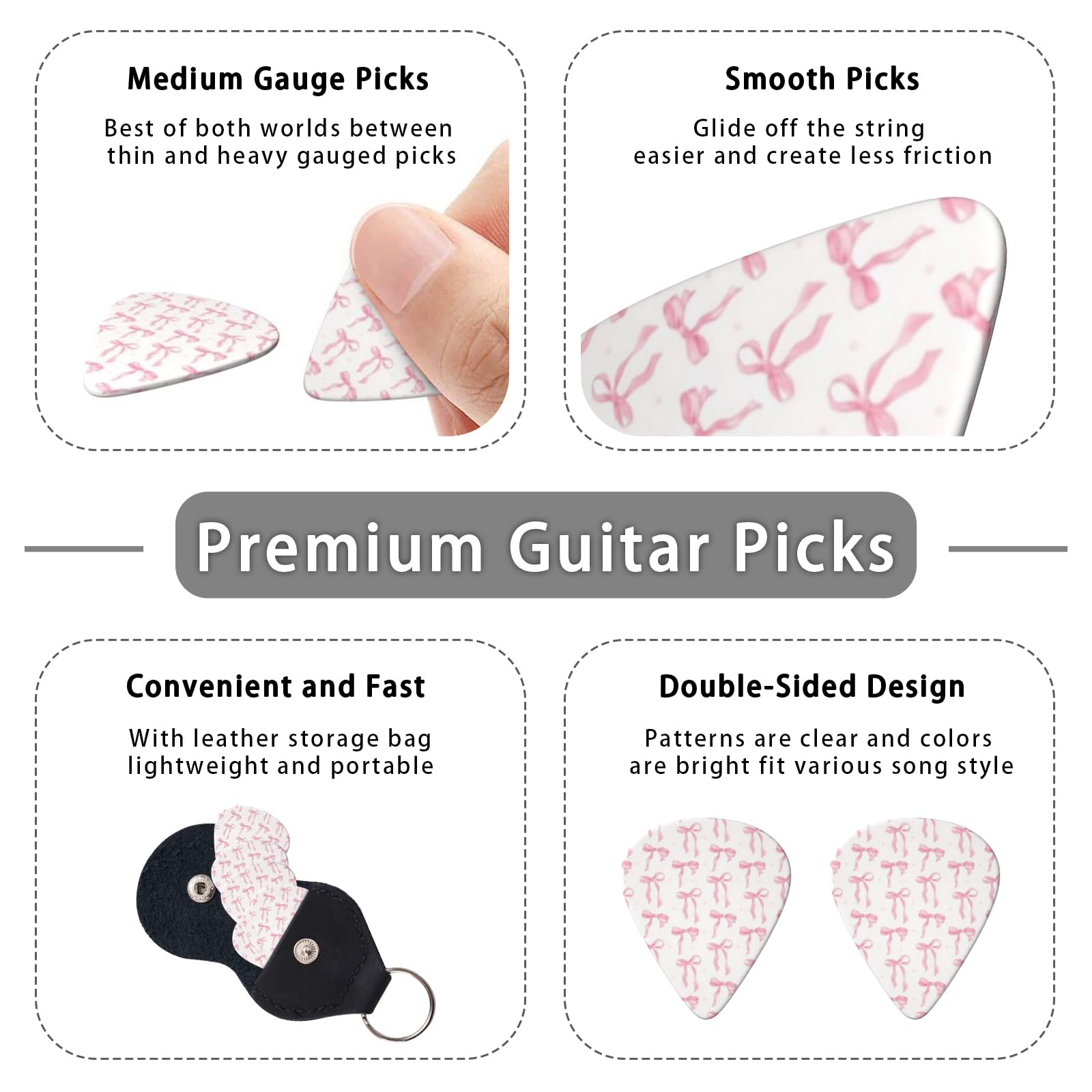 LOZUQII 6 Pack Guitar Picks with Bag, Medium 0.71mm – Cute Pink Ribbon Bow
