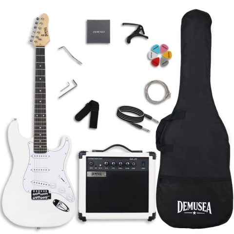 Demusea Pure White Electric Guitar Kit With 20W Amplifier SSS Pickup Single Tremolo Maple Neck Practice For Beginner (ST, White)