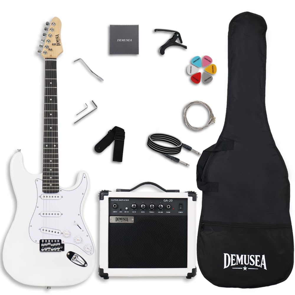 Demusea Pure White Electric Guitar Kit With 20W Amplifier SSS Pickup Single Tremolo Maple Neck Practice For Beginner (ST, White)
