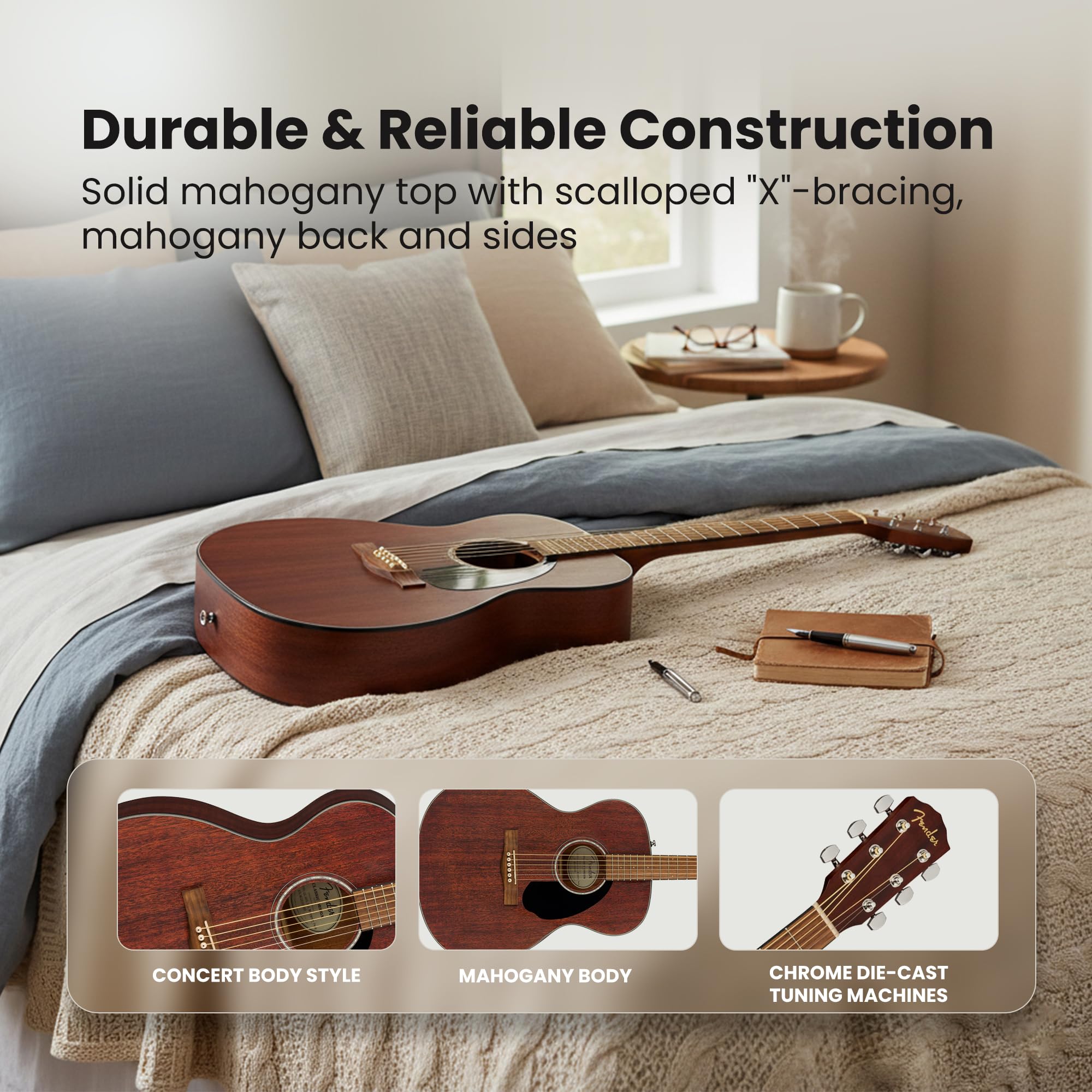 Fender CC-60S Solid Top Concert Acoustic Guitar – All Mahogany Bundle with Gig Bag, Tuner, Strap, Strings, Picks, and Austin Bazaar Instructional DVD