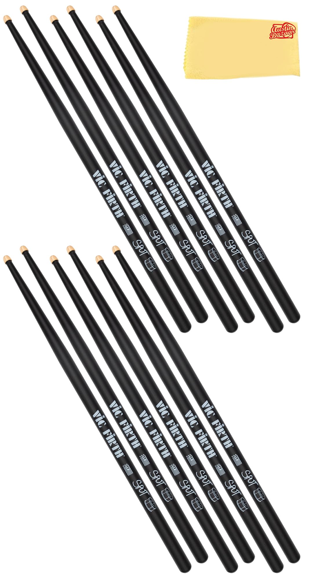 Vic Firth SPUT Signature Series Robert Sput Searight Drumsticks – 6-Pack Bundle with Austin Bazaar Polishing Cloth