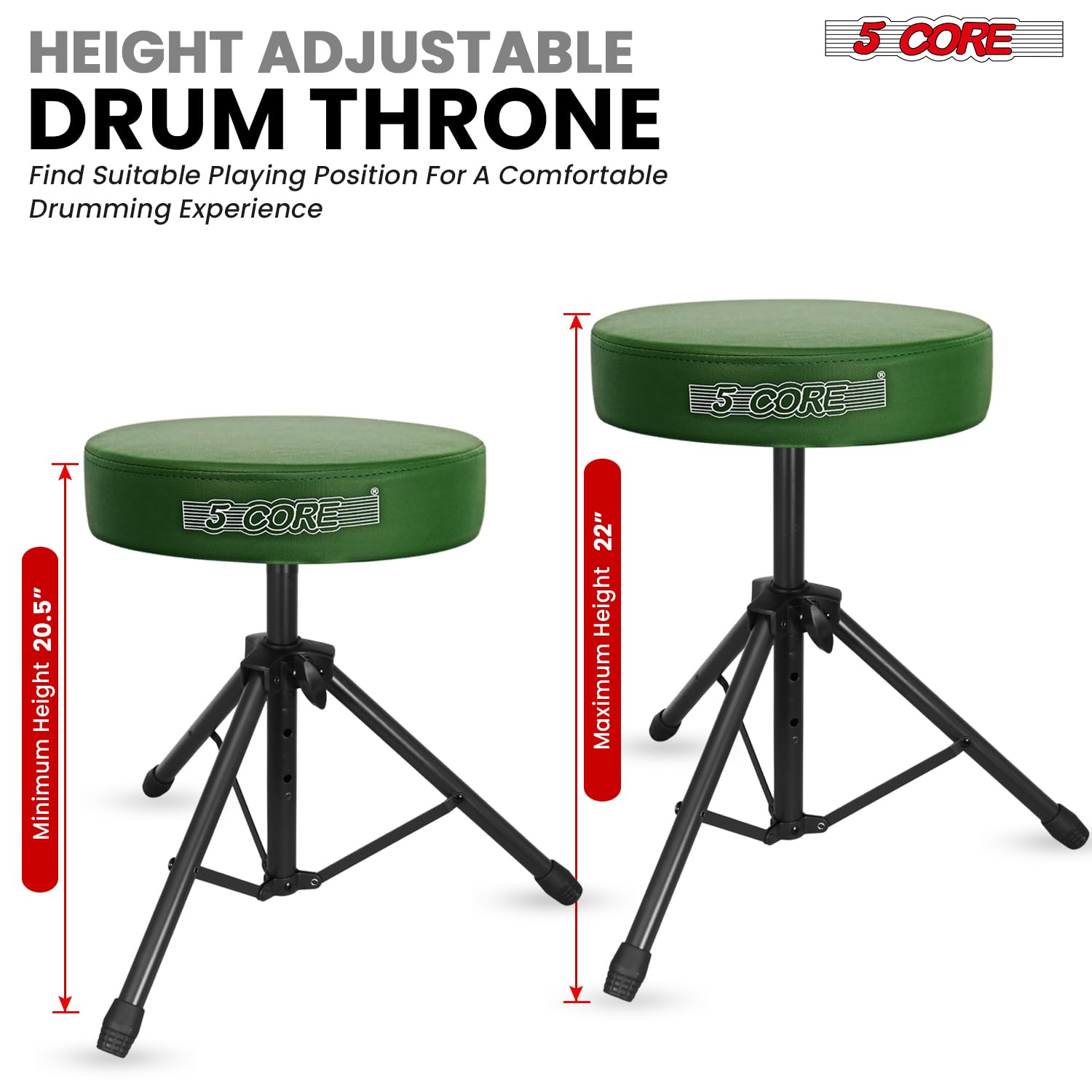 5 CORE Drum Throne Padded 3″ Seat Adjustable Drumming Stool Deep Green