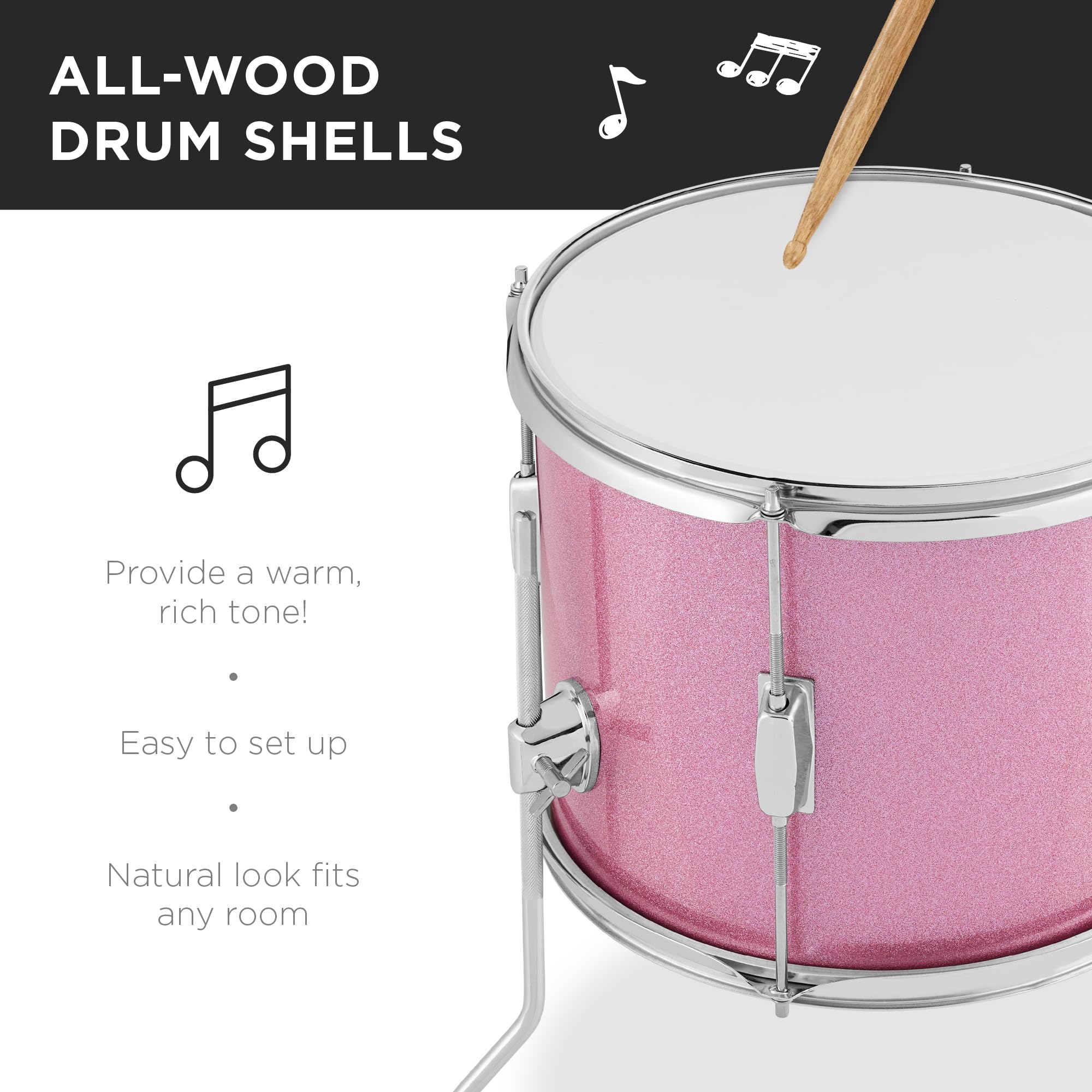 Best Choice Products Kids 5-Piece Beginner Drum Set Junior Kit, Starter Percussion w/Cymbals, Pedal, Toms, Snare, Drumsticks, Stool – Pink Sparkle