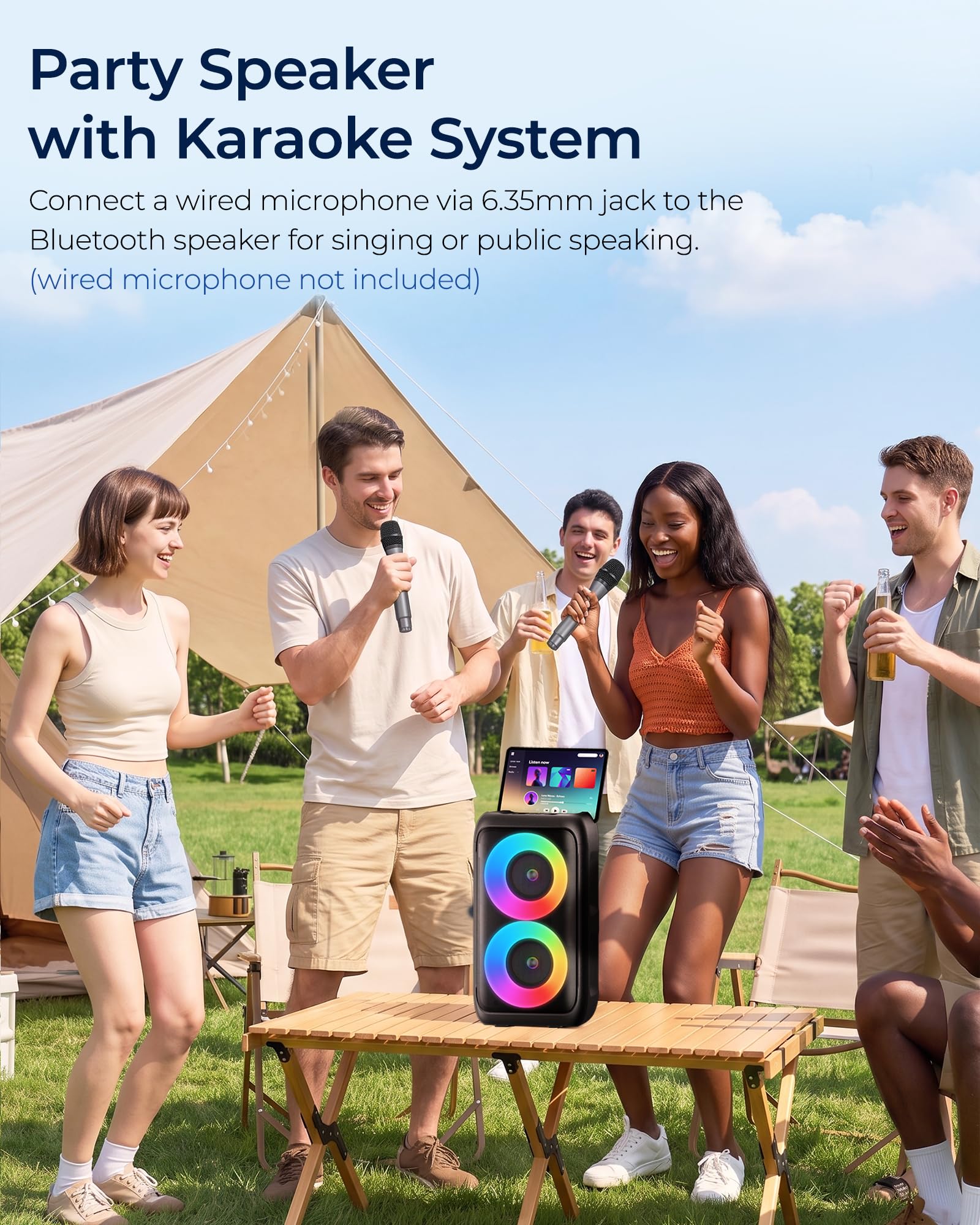 Bluetooth Speaker with 2 Wireless Microphones for Home Outdoor Party