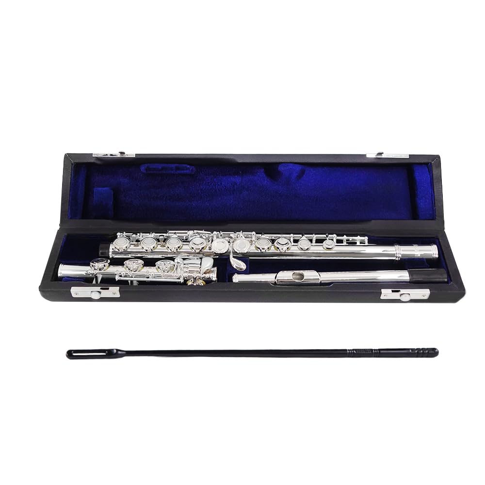 YANASON C Flute Open Hole 17 Keys Flute Silver-plated for Beginner, Professionals and Musicians with Leather case, Metal stand, Gloves, Tuning Rod, Cleaning kit(17 Silver)