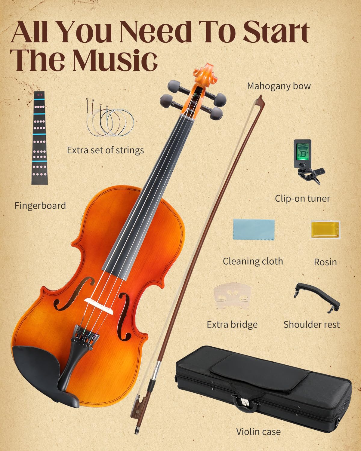 Ktaxon Violin 4/4 Full Size Set Acoustic Fiddle Complete Kit, Matte
