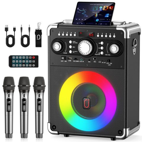 HWWR Karaoke Machine, Portable Bluetooth 5.3 Speaker with 3 Wireless Microphones for Adults, PA System with Echo Adjustment, Support TWS/TF Card/USB/AUX/TVs Connected for Home Party/Outdoor/Events etc
