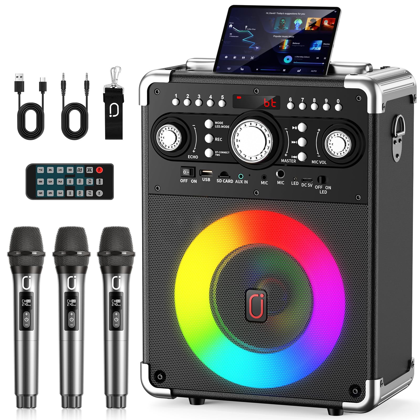 HWWR Karaoke Machine, Portable Bluetooth 5.3 Speaker with 3 Wireless Microphones for Adults, PA System with Echo Adjustment, Support TWS/TF Card/USB/AUX/TVs Connected for Home Party/Outdoor/Events etc