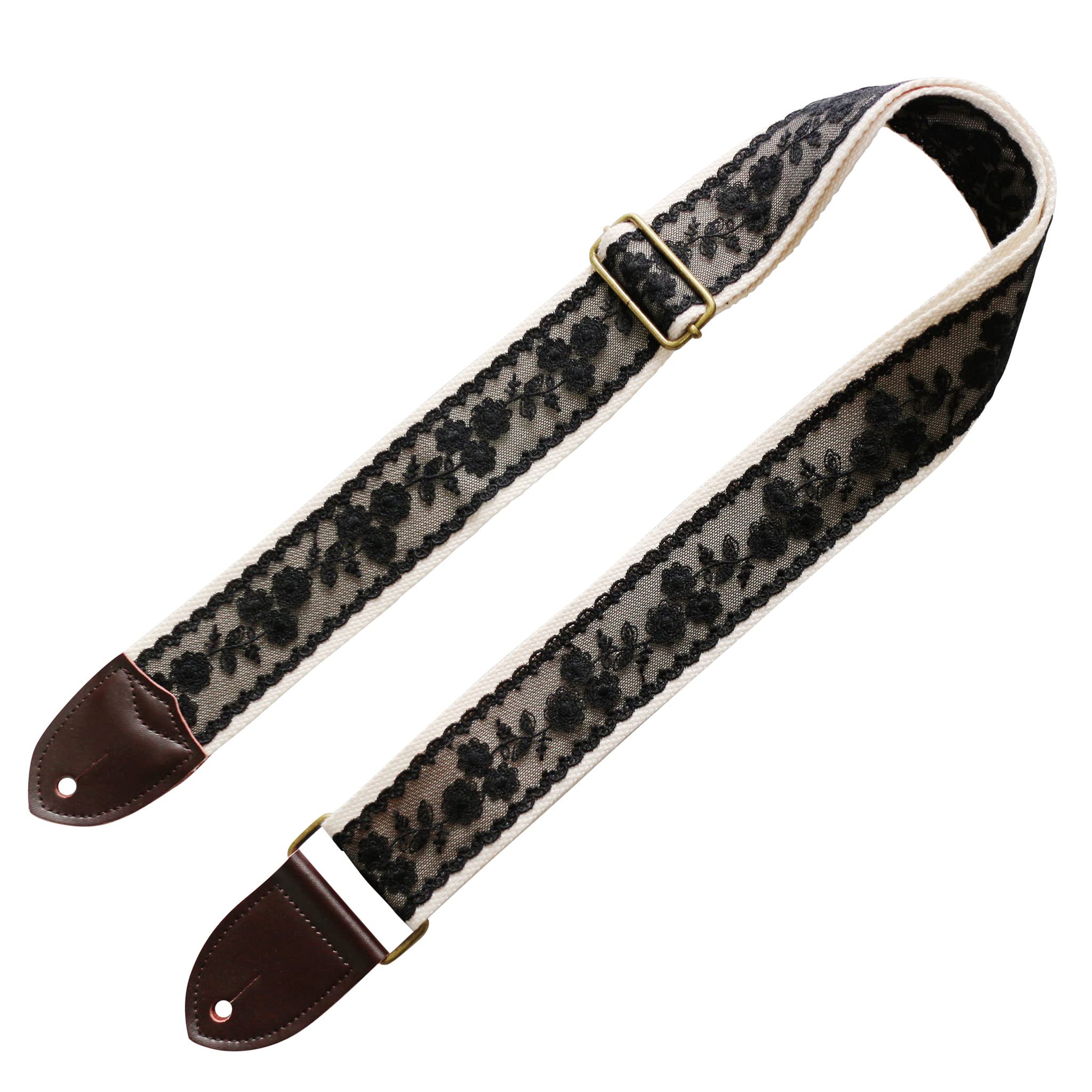 MUSIC FIRST Original Design, 2 inch width (5cm), Black Cool & Vintage Black Lace Soft Lace & Genuine Leather Delux Electric Guitar Strap Bass Strap (Black Lace)