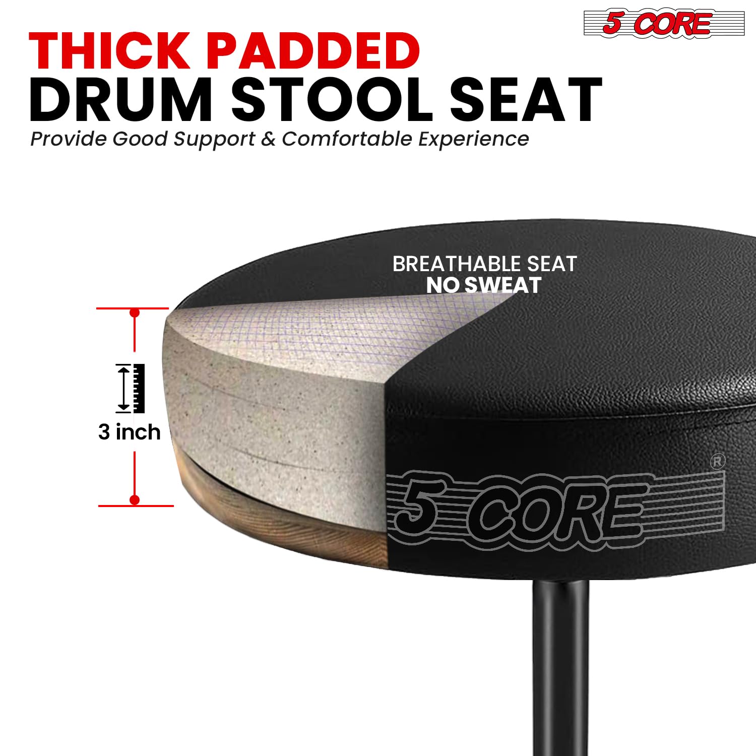 5 CORE Drum Throne Thick 3″ Padded Drum Seat Height Adjustable Drumming Stools with Anti-Slip Feet Drummers Chair for Practice and Performance Black – DS 01 BLK