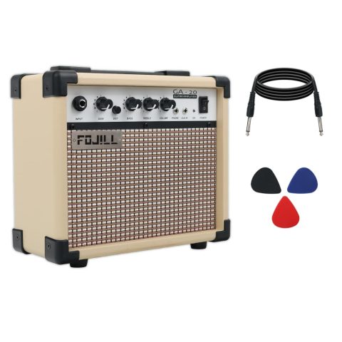 Fojill 20W Watt Electric Guitar Amplifier Amp Practice Small Portable Travel Mini Amp with 3.5 Headphone Jack Aux Distortion Gain Treble Bass Volume (Cream, 20W)