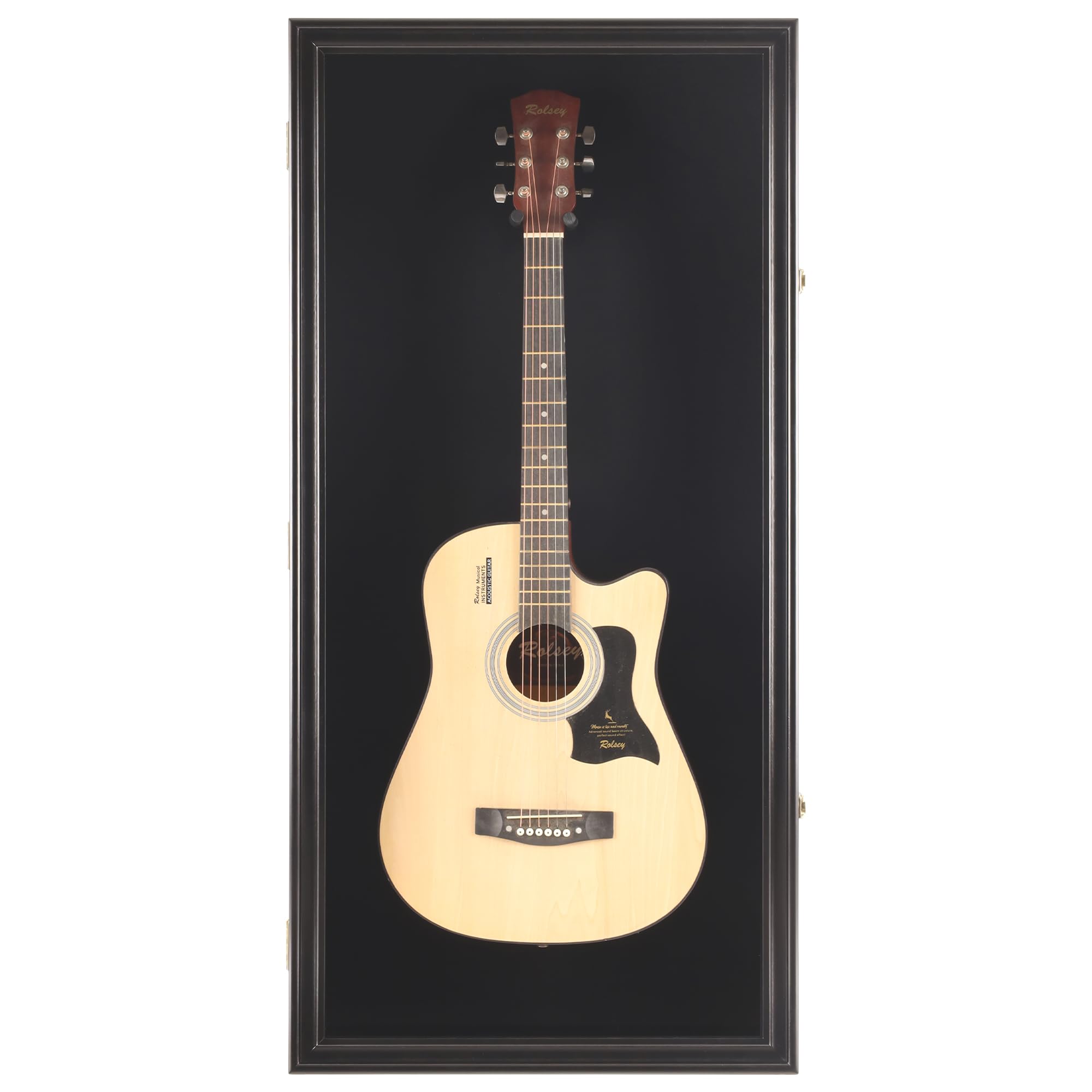 DisplayGifts 45″ Acoustic Guitar Display Case Cabinet Shadow Box with Guitar Hanger Stand, Lockable 98% UV Protection Black Felt Interior Black Finish Frame