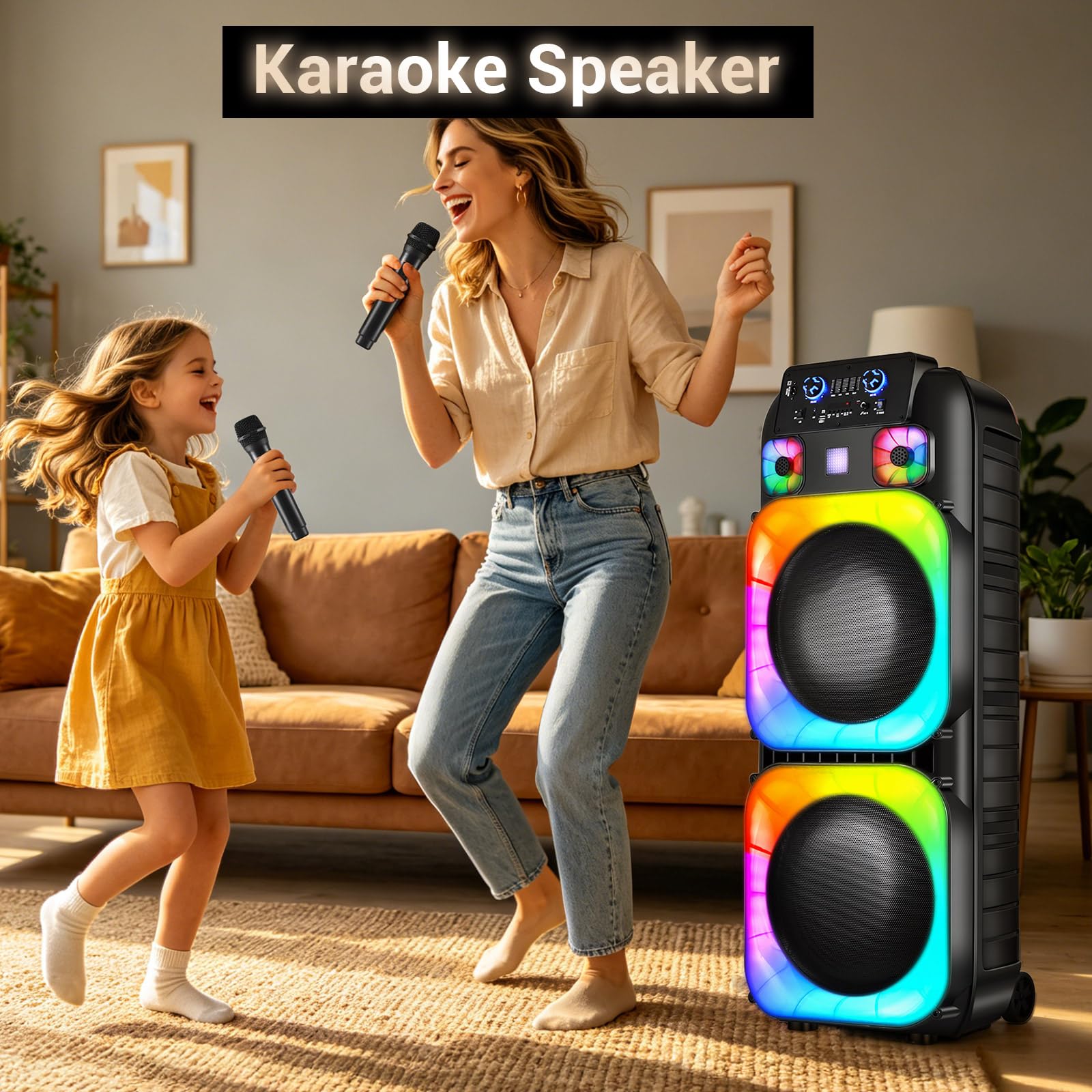 ROXAAN Dual 15″ Party Bluetooth Speaker with 7-Color LED Lights, FM Radio