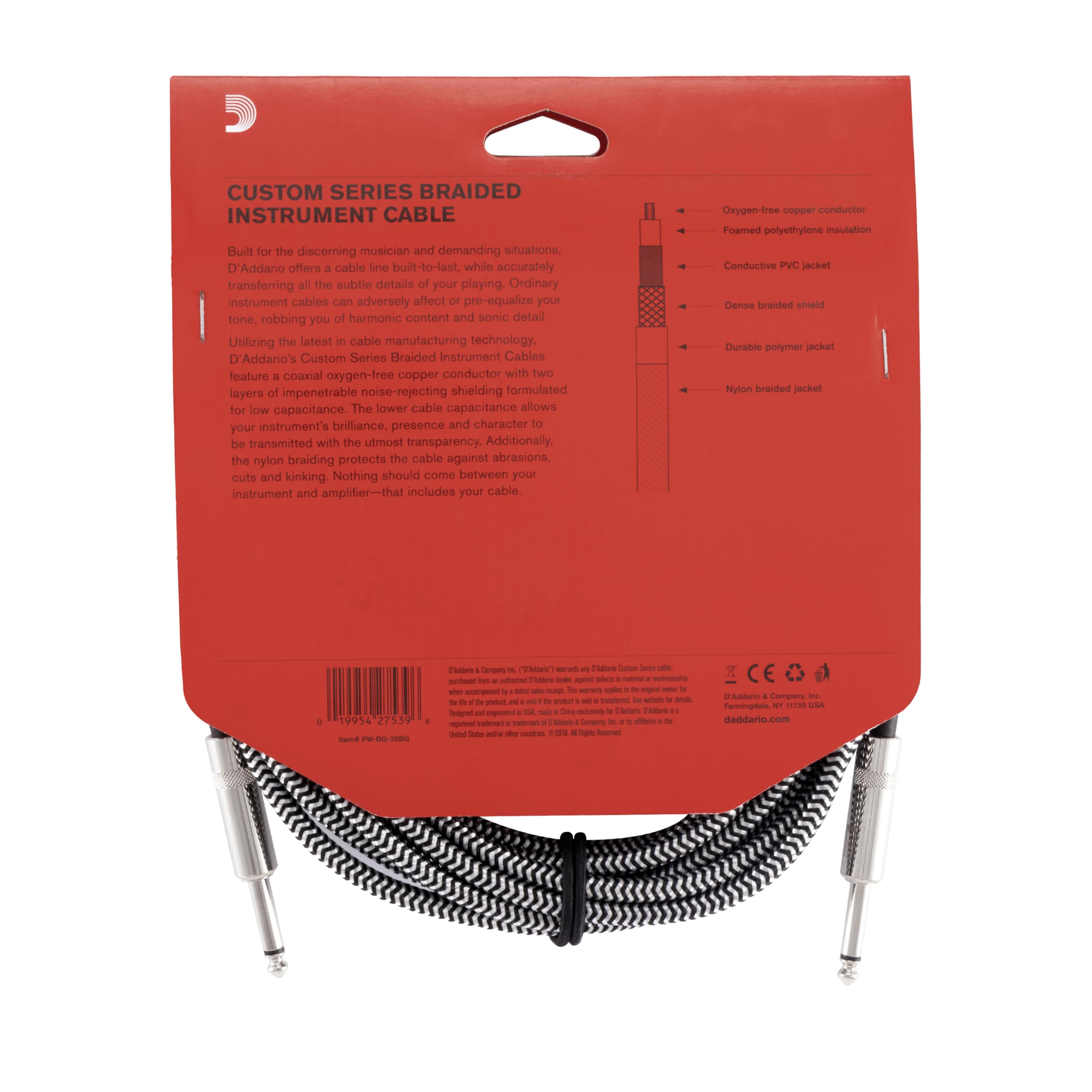 D’Addario PW-BG-20BG Instrument Cable – 20 Feet