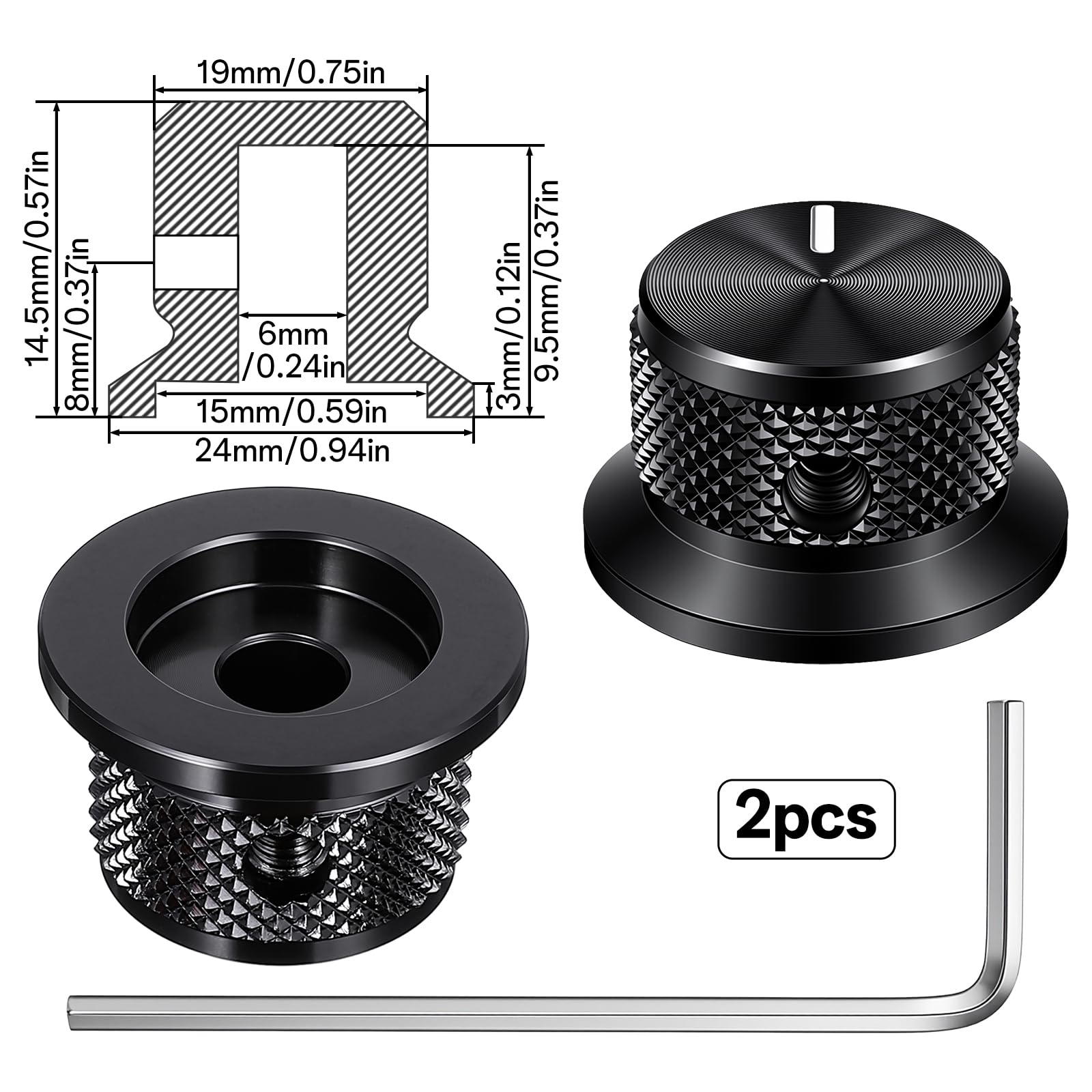 Fiyooau 2Pcs Aluminium Potentiometer Knob, 1/4″ D Shaft Knob Universal Black Guitar Volume Knobs with Set Screw for Guitar/Bass/AMPS/Preamps
