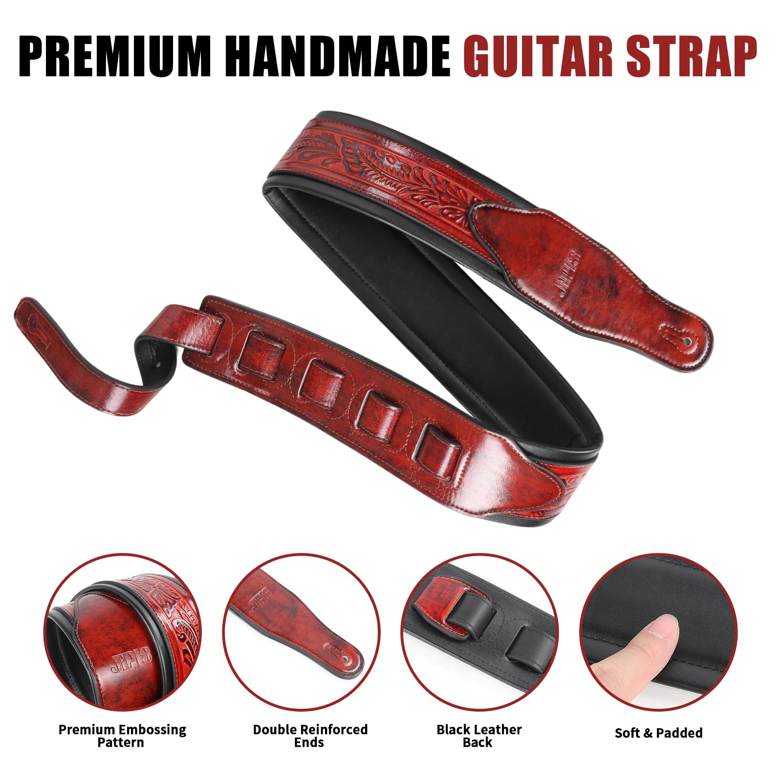 JIPIS Leather Guitar Strap,Vintage Bourbon Brown,2.75″ Handmade Padded Strap Classic Pattern for Bass,Electric&Acoustic Guitars (Medium Bourbon Brown)