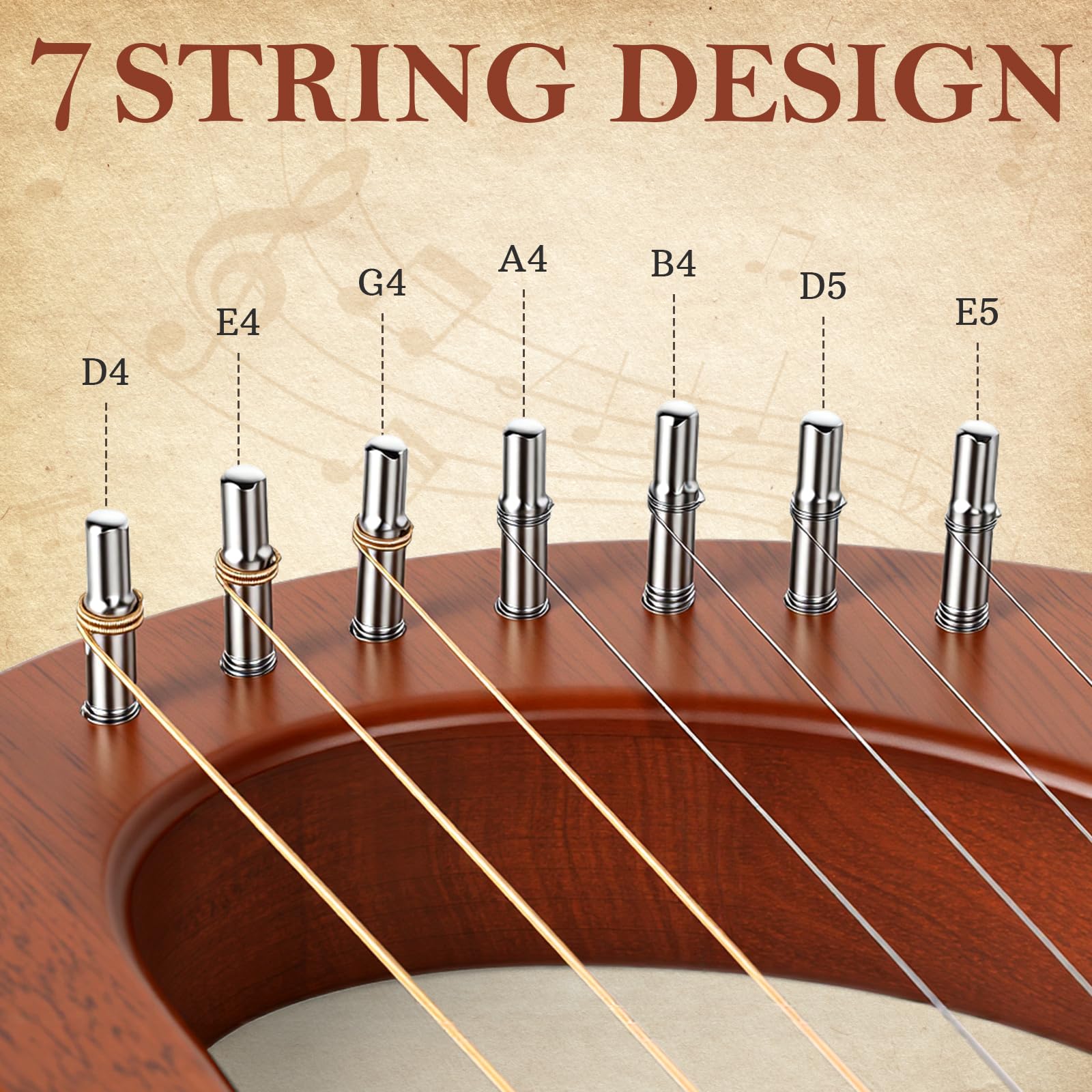 Lotkey 7 String F-Shaped Sound Holes Lyre Harp, Handcrafted Solid Okoume Wood Harp for Beginners, Musical Instrument Portable Gift with Storage Bag, Tuning Wrench & Spare Strings for Kids & Adults.