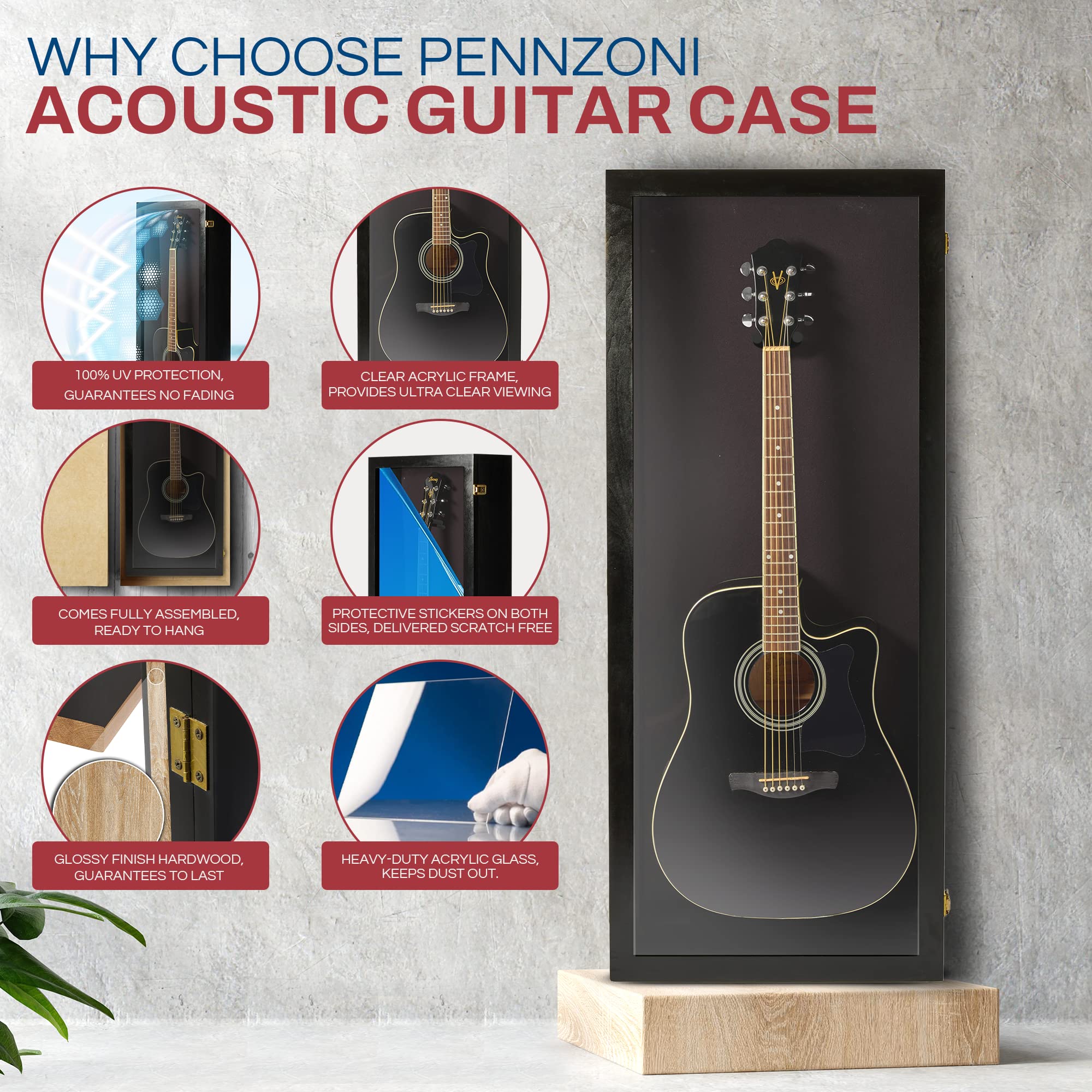 PENNZONI Acoustic Guitar Display Case – Acrylic Acoustic Guitar Case – Guitar Display Case Wall Mount Made from Hardwood Frame & Clear Acrylic – Black w/ No Felt