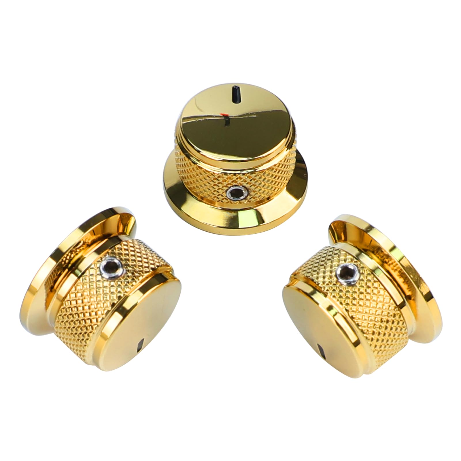 OVSAL 3PCS Electric Bass Guitar Metal Knobs Flat-top Hat-Shaped Volume Tone Control Knobs with Set Screw 6mm Hole Compatible with Fender Strat Telecaster Les Paul Electric Guitars or Basses(Gold)