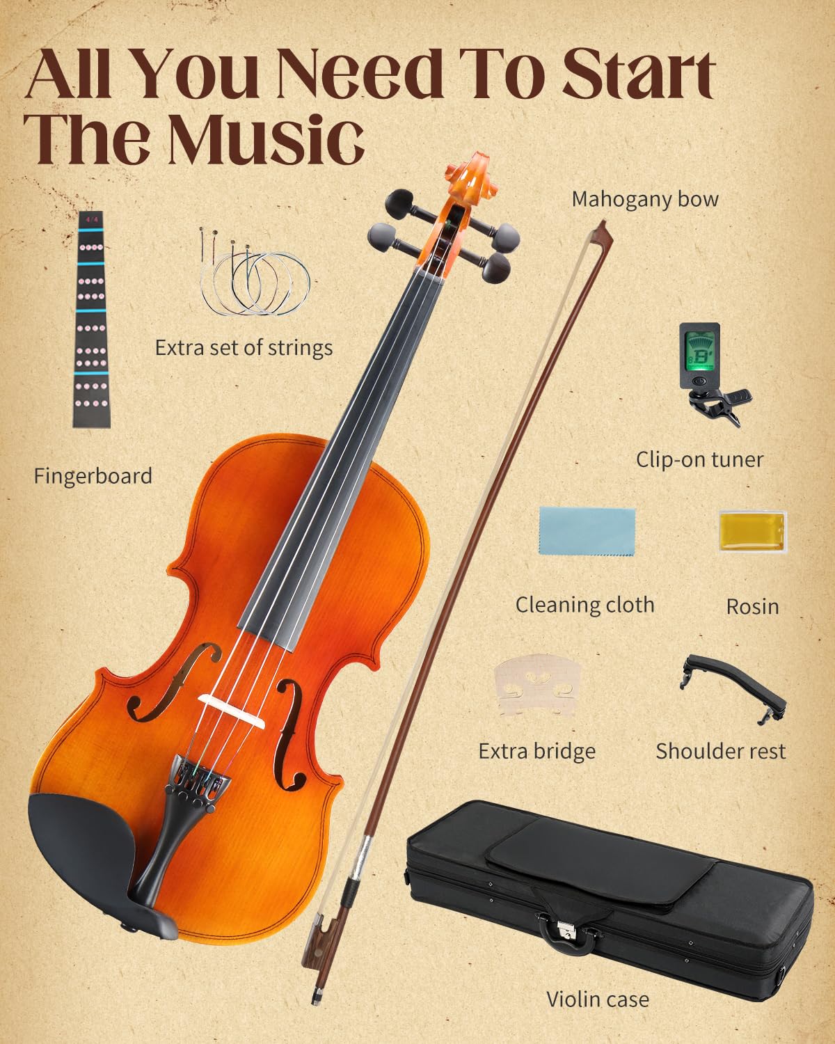 Ktaxon Violin 4/4 Full Size Set Acoustic Fiddle Complete Kit, Glossy