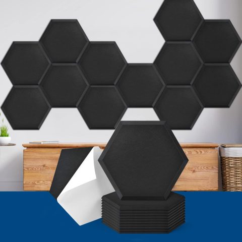 Art3dwallpanels Self Adhesive 12 Pack Acoustic Panels, 14″ X 12″ X 0.4″ Soundproof Wall Panels, High Density Sound Absorbing Panels Hexagon Beveled Edge Sound Dampening Panels, Studio Treatment Tiles