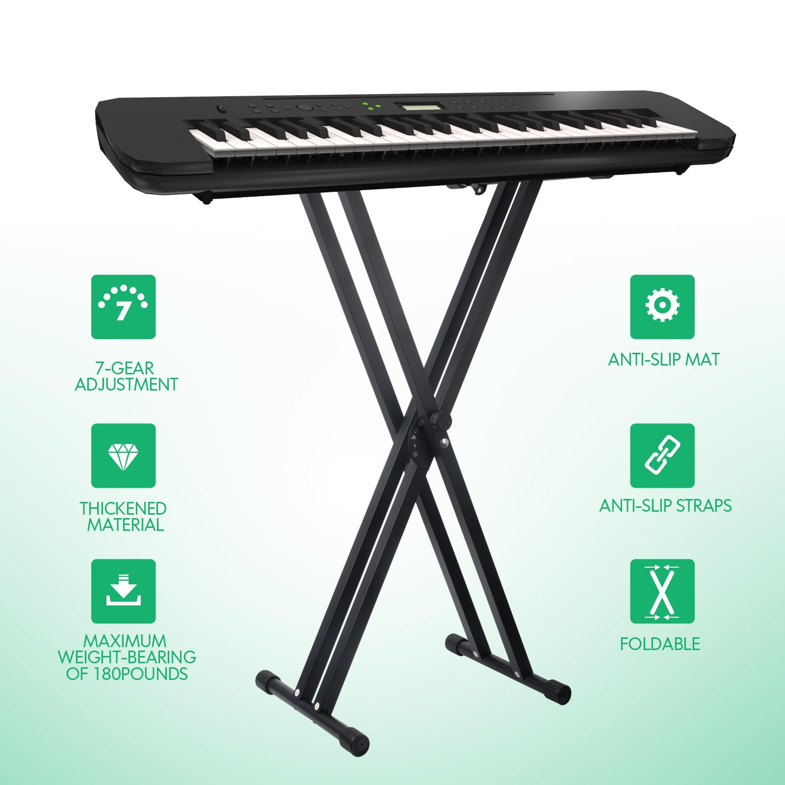 Bazayona Piano Keyboard Stand Double X Heavy Duty Keyboard Stand with Locking Straps, 7 Adjustable Heights