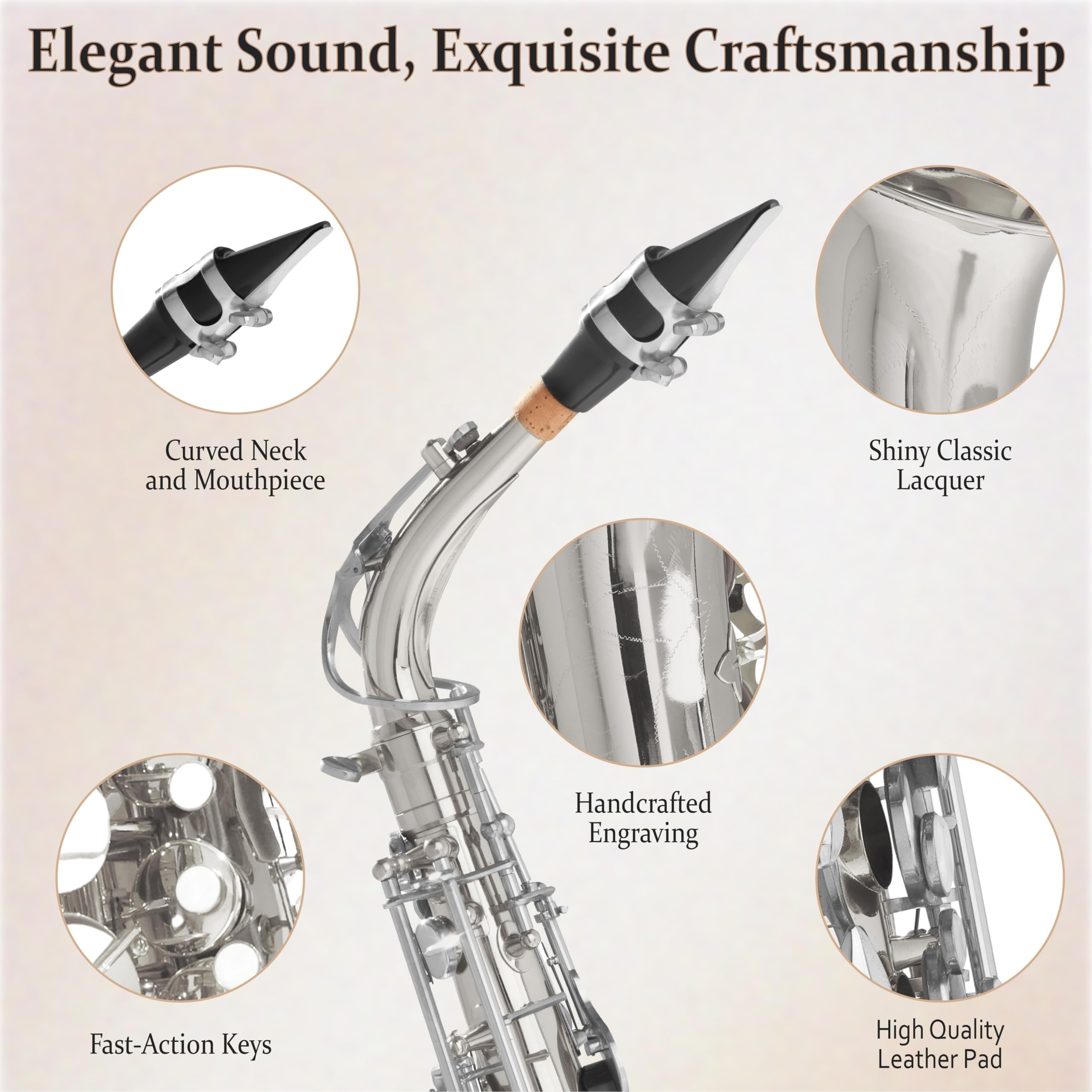 Mendini By Cecilio Eb Alto Saxophone Kit for Beginner – Silver