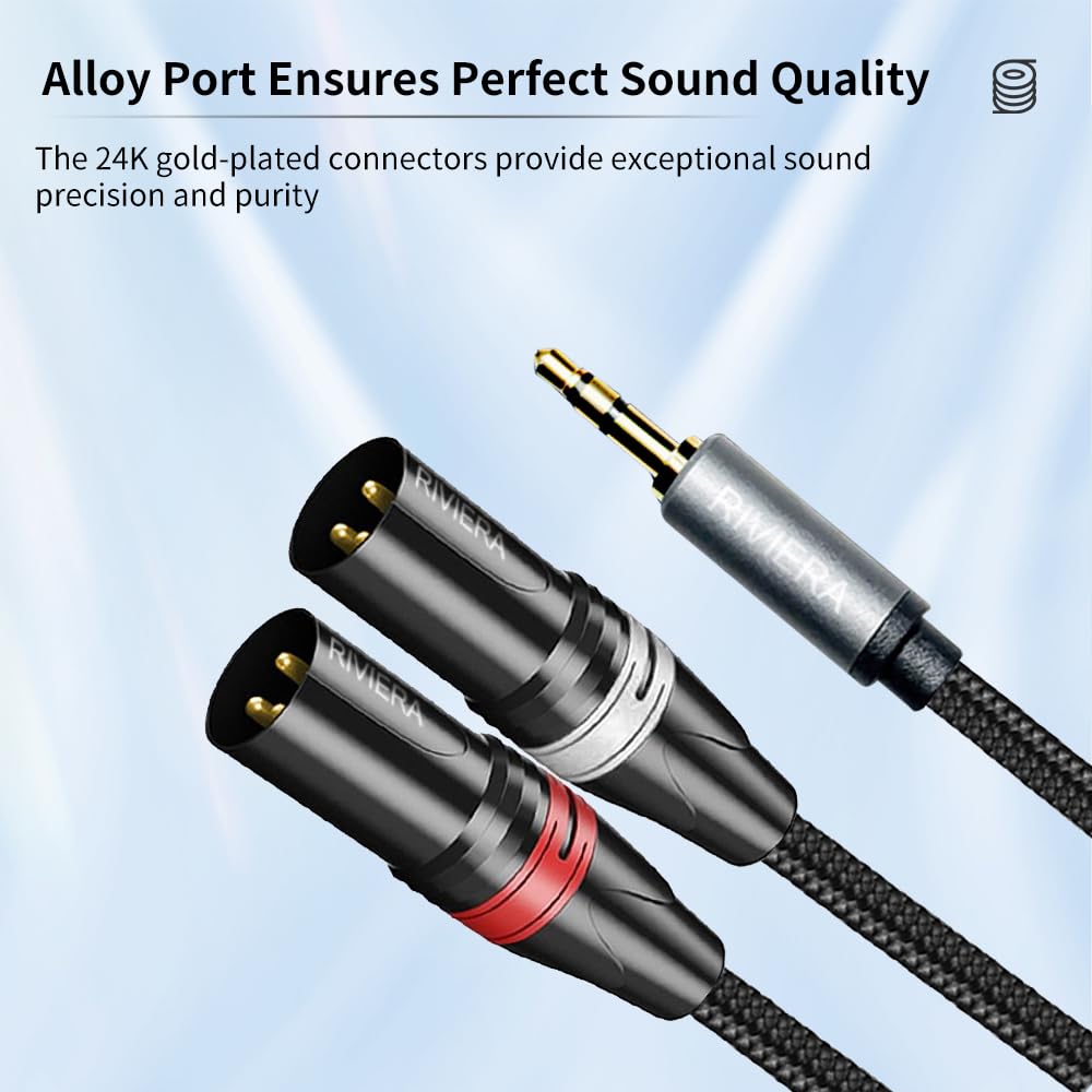 RIVIERA 10FT/3.0M Audio Cable 1/8 Inch 3.5mm Stereo TRS to Dual XLR Male Y-Splitter Adaptor Interconnect Patch Cord with Nylon Braid Aux Jacket and Sheild Wire Low Noise for Muscial Instrument