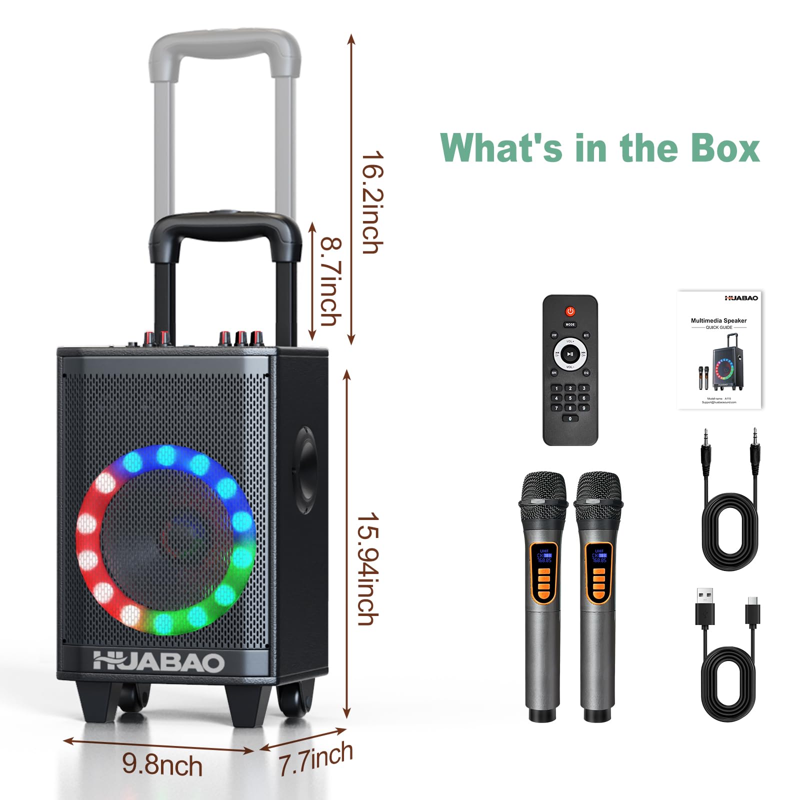 Portable Karaoke Machine with 2 Wireless Microphones, Bluetooth Speaker with Lights and Trolley Wheels, 6600mAh Rechargeable PA System, FM/AUX/USB/TF, Remote, Bass/Treble/Echo Adjust, Ideal for Party