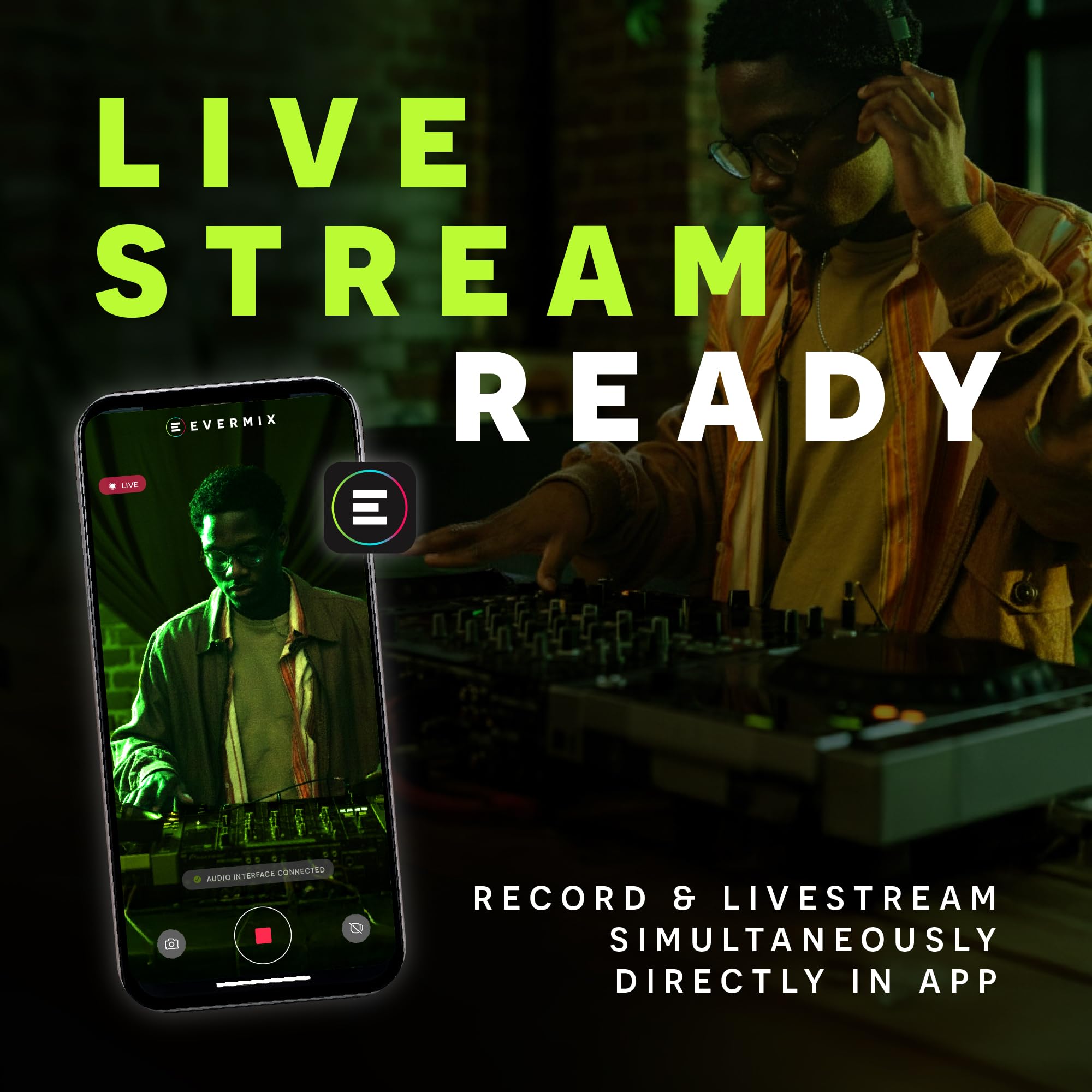 Evermix Box 5 DJ Audio Interface – Record and Livestream DJ Sets in High Quality, iOS and Android Compatible, Black