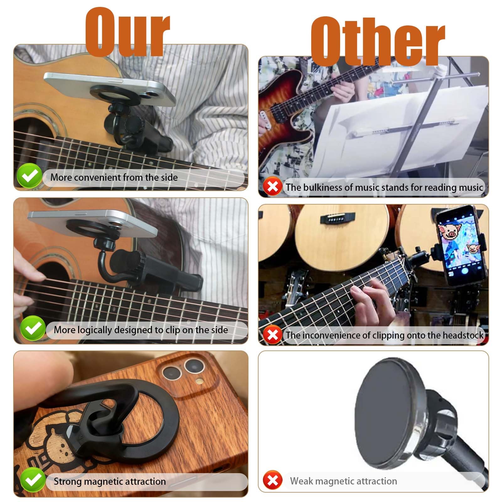 Rubierine Magnetic Plus Guitar Phone Holder, Clamp Mount Adjustable &360° Rotating Arm, Fits 2.36-4.1, Works iPhone &Android (Magnetic Ring Included), Right-Handed Only, for Sheet Music, Teach, Live