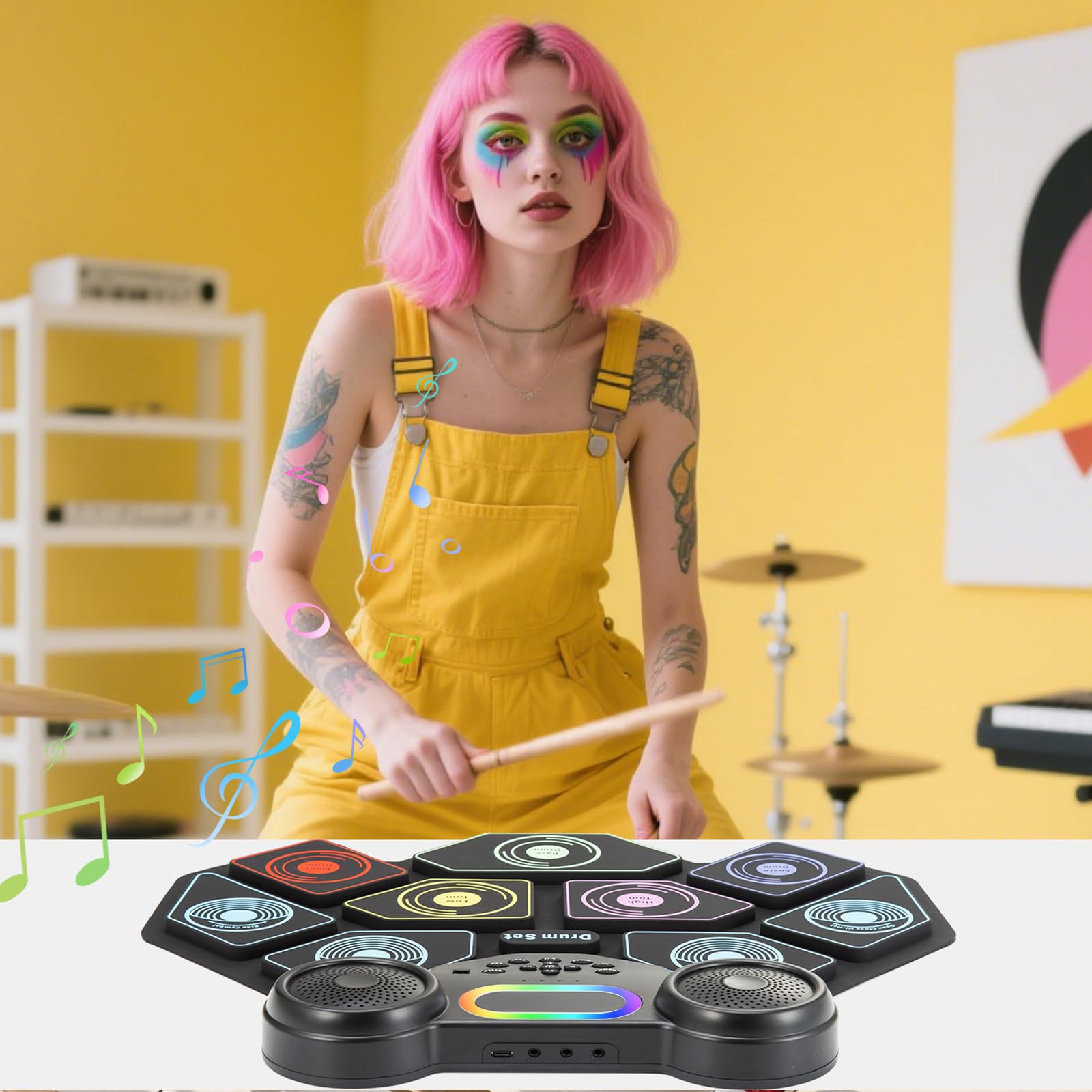 2025 Upgrade Electronic Drum Set 9-Pad Roll-Up – Portable Silicone Drum Kit with 2 Pedals, Built-in Speakers, MIDI & Headphone Jack – Ideal for Practice & Travel (Oldmodel-TW)