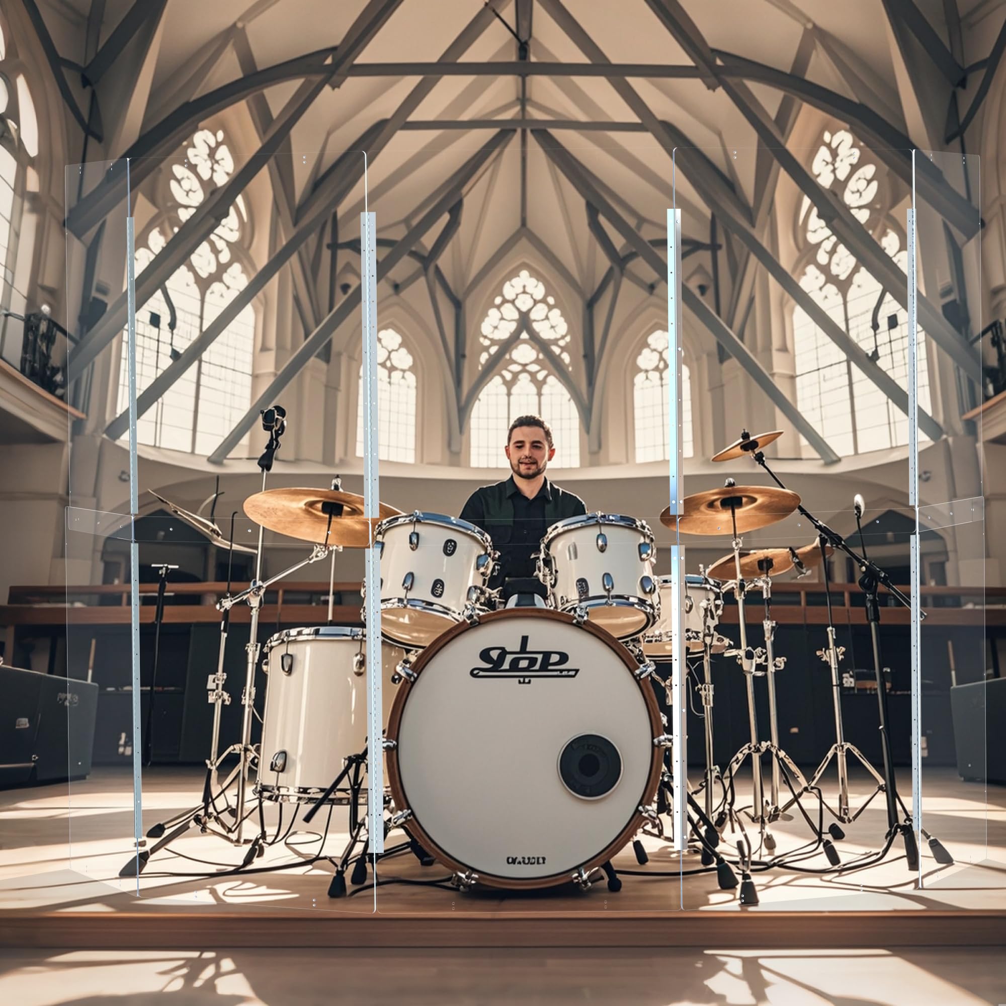 Portable Drum Shield | 5 Panels 2ft x 5ft | Factory-Installed Full-Length Stainless Steel Hinges | Acrylic Drum Sound Barrier | Cage for Church & Home Use (5 Panels)