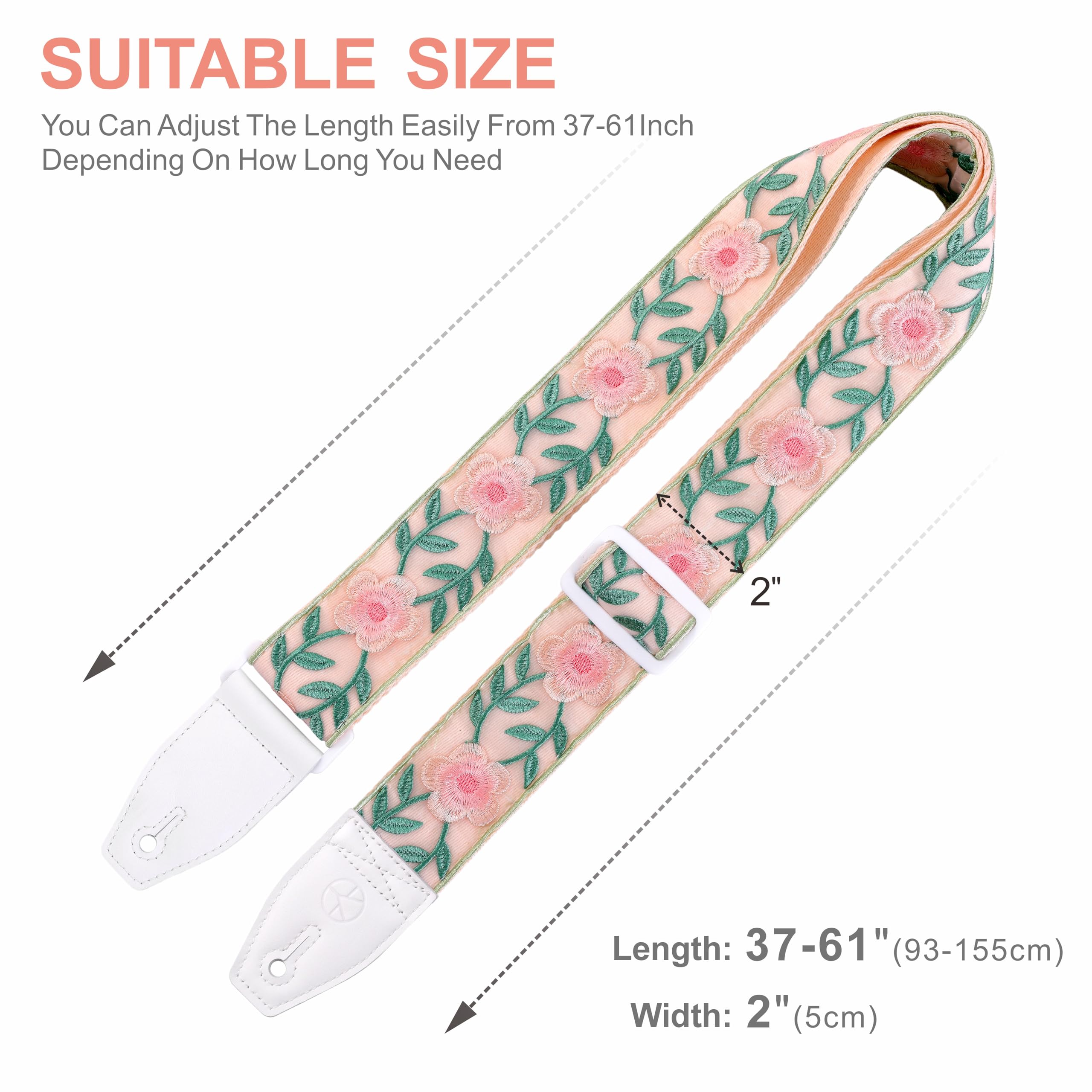 YIKOKO Guitar Strap, Head Layer Cowhide Leather End, 2 Inches Wide, for Acoustic and Bass Electric Guitars, Free Button, 2 Strap Locks and 4 Guitar Picks