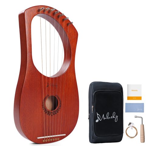Mulucky 7 String Mahogany Lyre Harp MLH701, Metal Strings Bone Saddle Kit