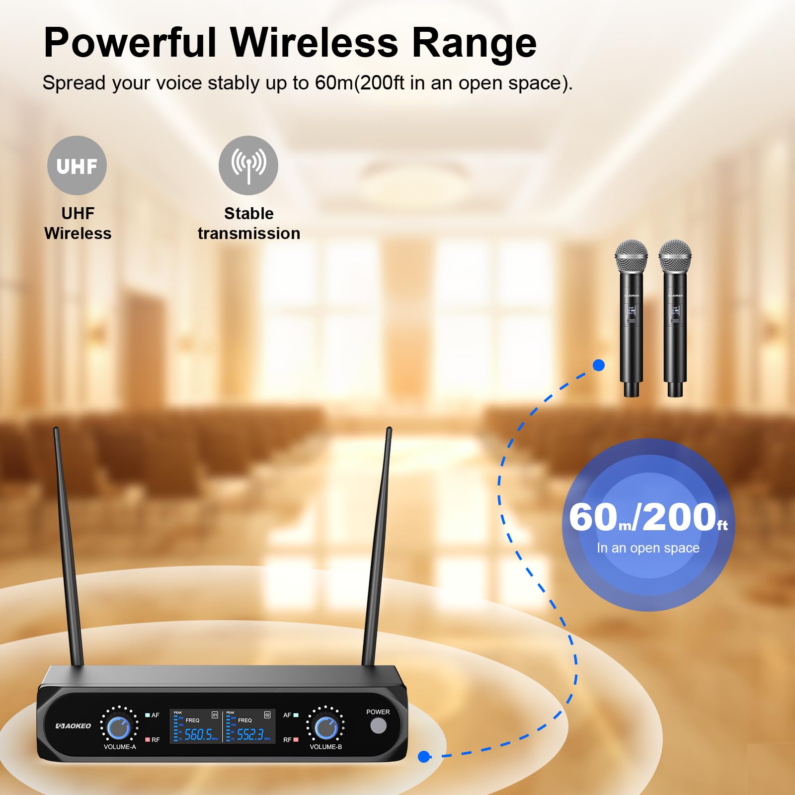 Aokeo Wireless Microphone System, Metal Wireless Mic Set with Case,Handheld Cordless Dynamic Microphones for Singing, Karaoke, Church, DJ,100ft Range