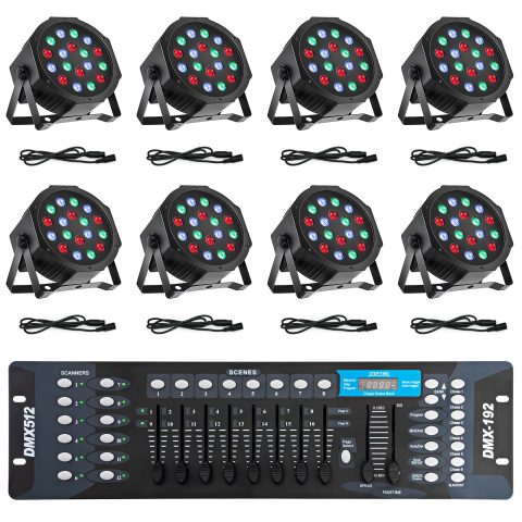 SmarketBuy Stage Lights with Sound Activated & DMX Control, 8 Pack 18×3 W LED Par Lights, Versatile DJ Light for Stage Uplighting, Wedding, Party Events, Clubs,Music Shows & Holiday Decorations