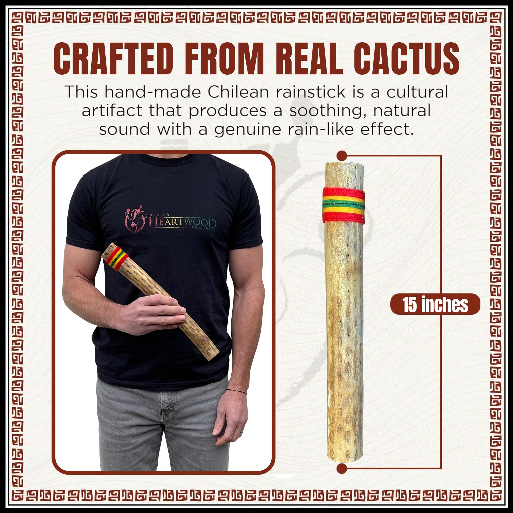 Africa Heartwood Project 15″ Cactus Rainstick from Chile – Authentic Handcrafted Rain Stick Musical Instrument with Rasta Yarn Wrap and Durable Sealant