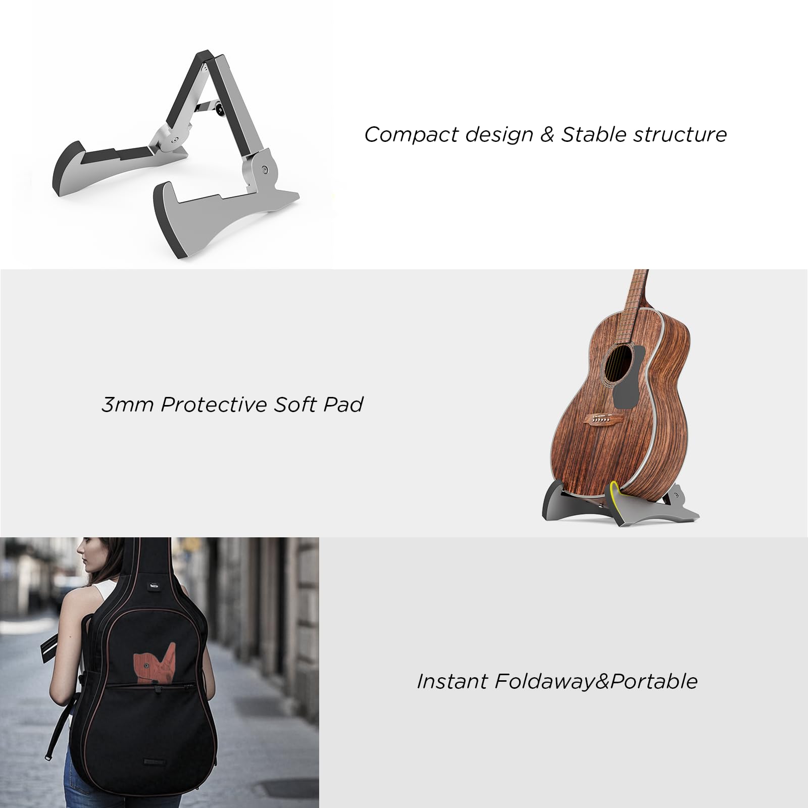 DIDA Portable Travel Guitar Stand, Lightweight Stable A- Frame Plastic Guitar Stand Holder for Acoustic, Electric Guitars, Ukulele, Foldable Guitar Stand Floor, Single Guitar Holder (Silver)