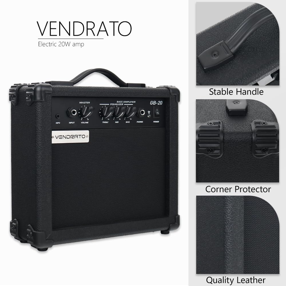 Vendrato Electric Bass Amplifier 20w amp Black Color Multi Band Treble Middle bass mp3 Headphone Jack Portable for Starter Beginner Practice Travel bass Amp noiseless Cable Picks and Adapter with