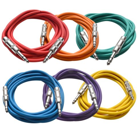 Seismic Audio SATRX-10BGORYP 6 Pack of Multi Color 10′ 1/4″TRS to 1/4″ TRS Patch Cables