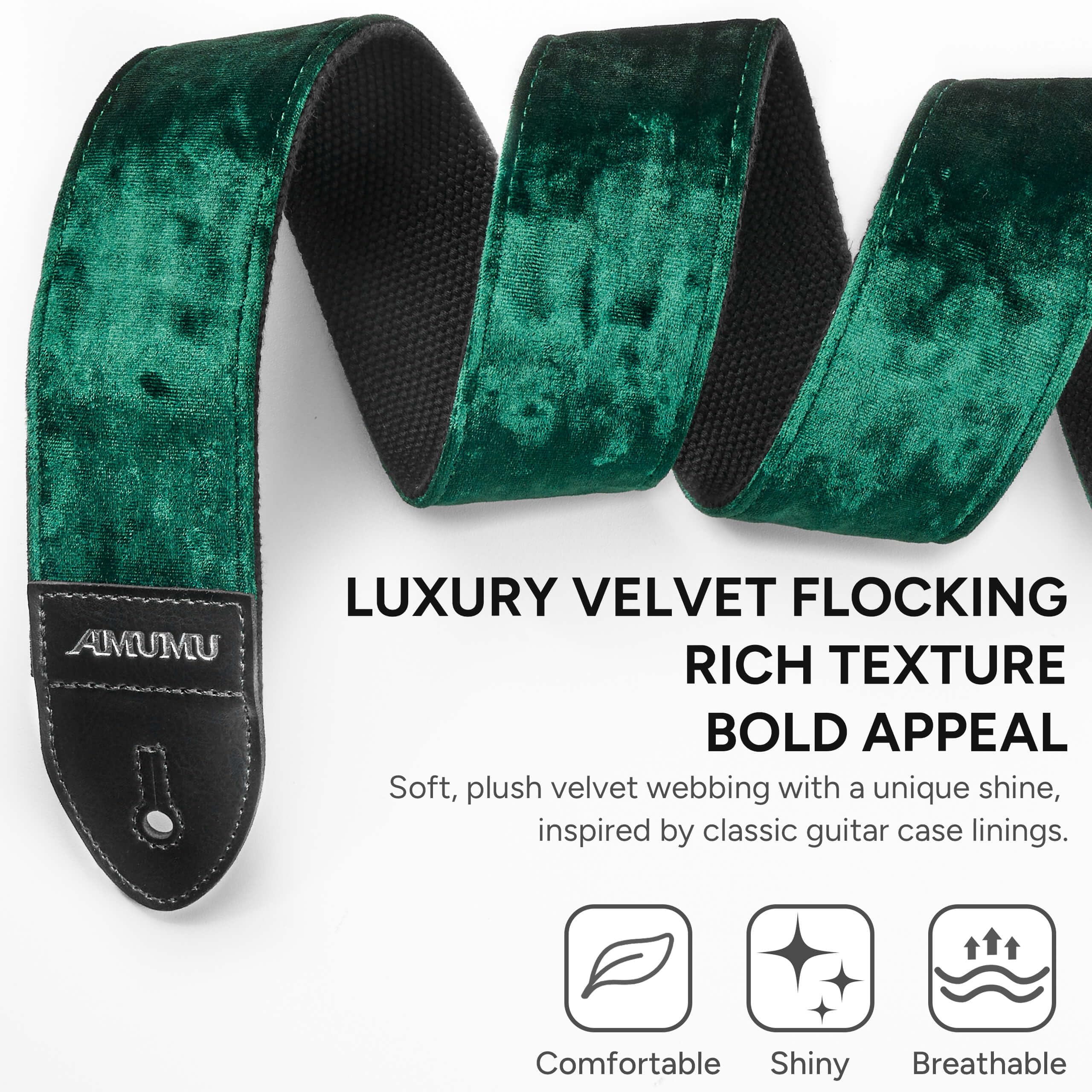 Amumu Flocked Velvet Guitar Strap with Microfiber Leather Ends – Guitar Accessories – Fits Acoustic, Bass and Electric Guitar – Green
