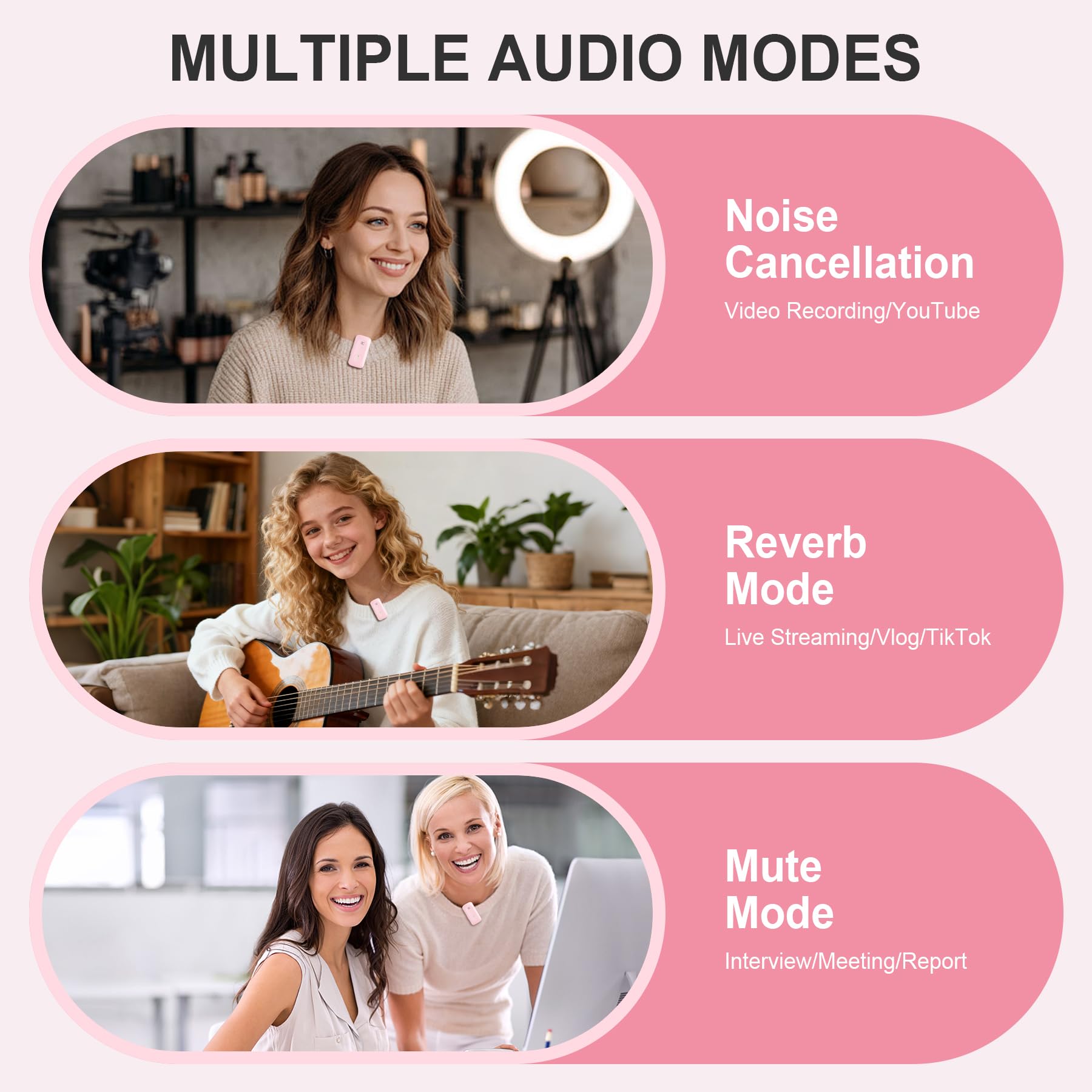 EX Wireless Lavalier Microphone System, Dual Clip-On Mics + Charging Case, 164ft Range Plug-and-Play for iPhone/Android, Advanced Noise Reduction, 48H Runtime-Video Recording, TikTok, YouTube, Pink