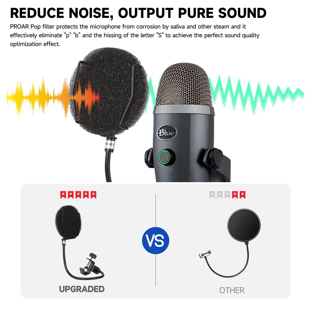 PROAR Pop Filter for Microphone with Multi-Layer Screen, Flexible Gooseneck