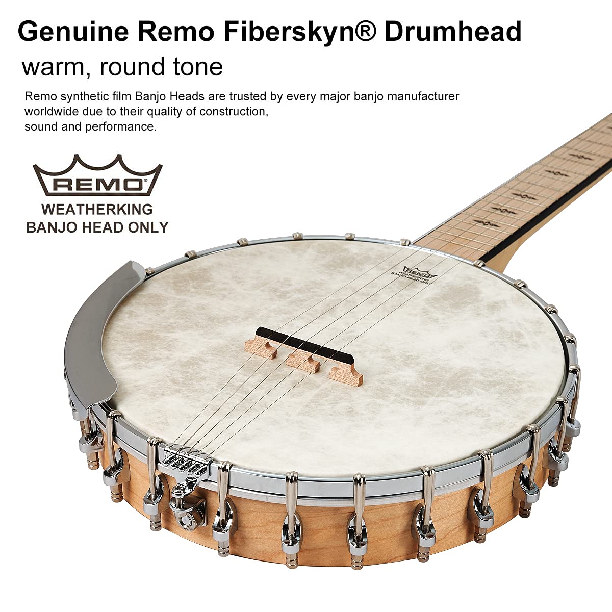 Mulucky 5 String Open Back Banjo MB1101, Maple 24 Brackets Remo Head Kit