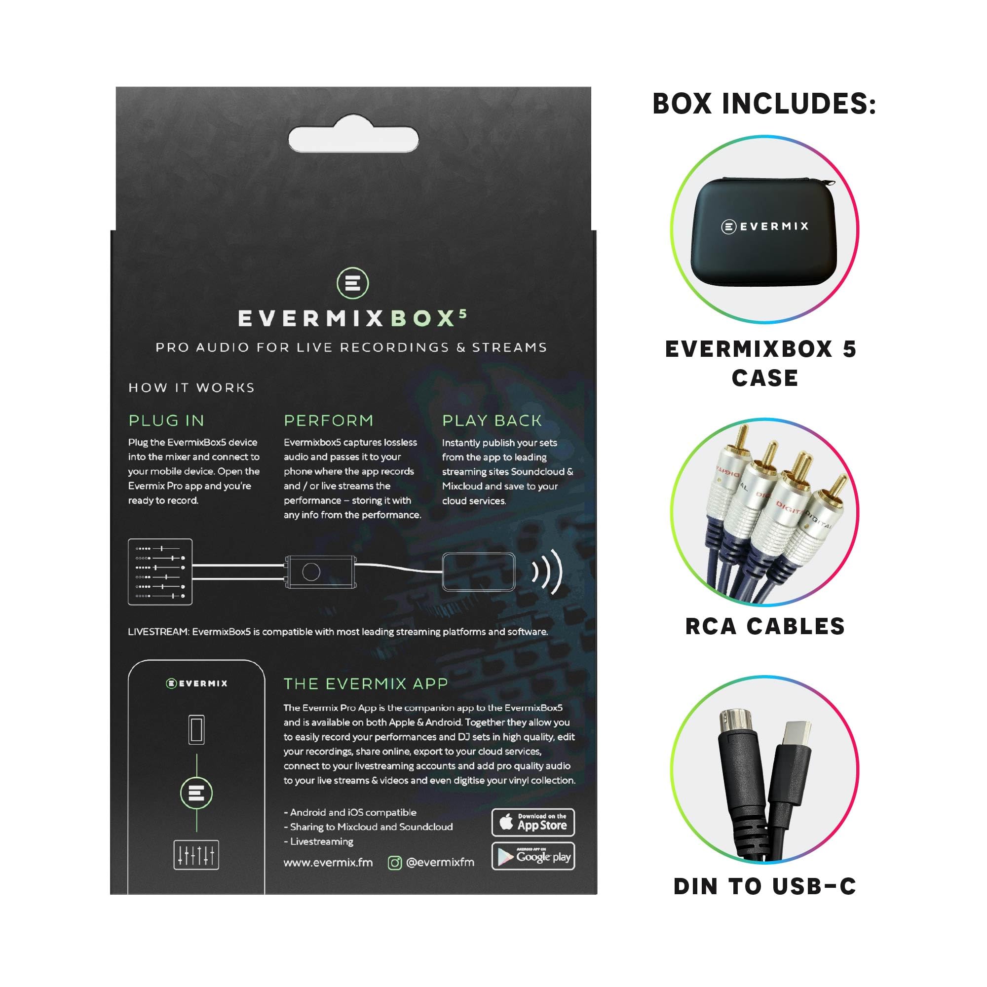 Evermix Box 5 DJ Audio Interface – Record and Livestream DJ Sets in High Quality, iOS and Android Compatible, Black