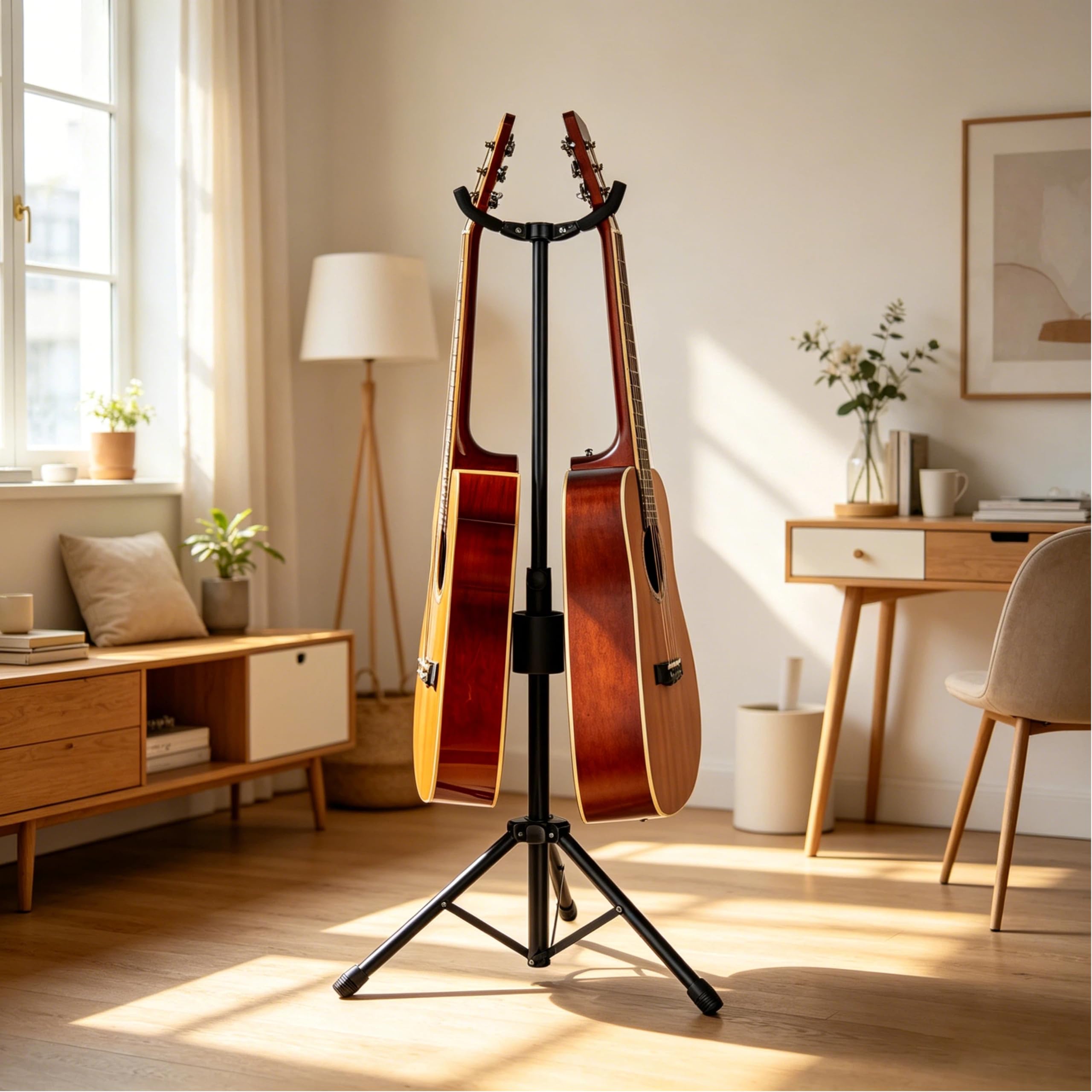 Neciuvy Double Guitar Stand, Portable Tripod Adjustable 2 Guitar Stand Floor for Acoustic, Bass & Electric. Dual Folding Stand for Banjo with Strap & Picks