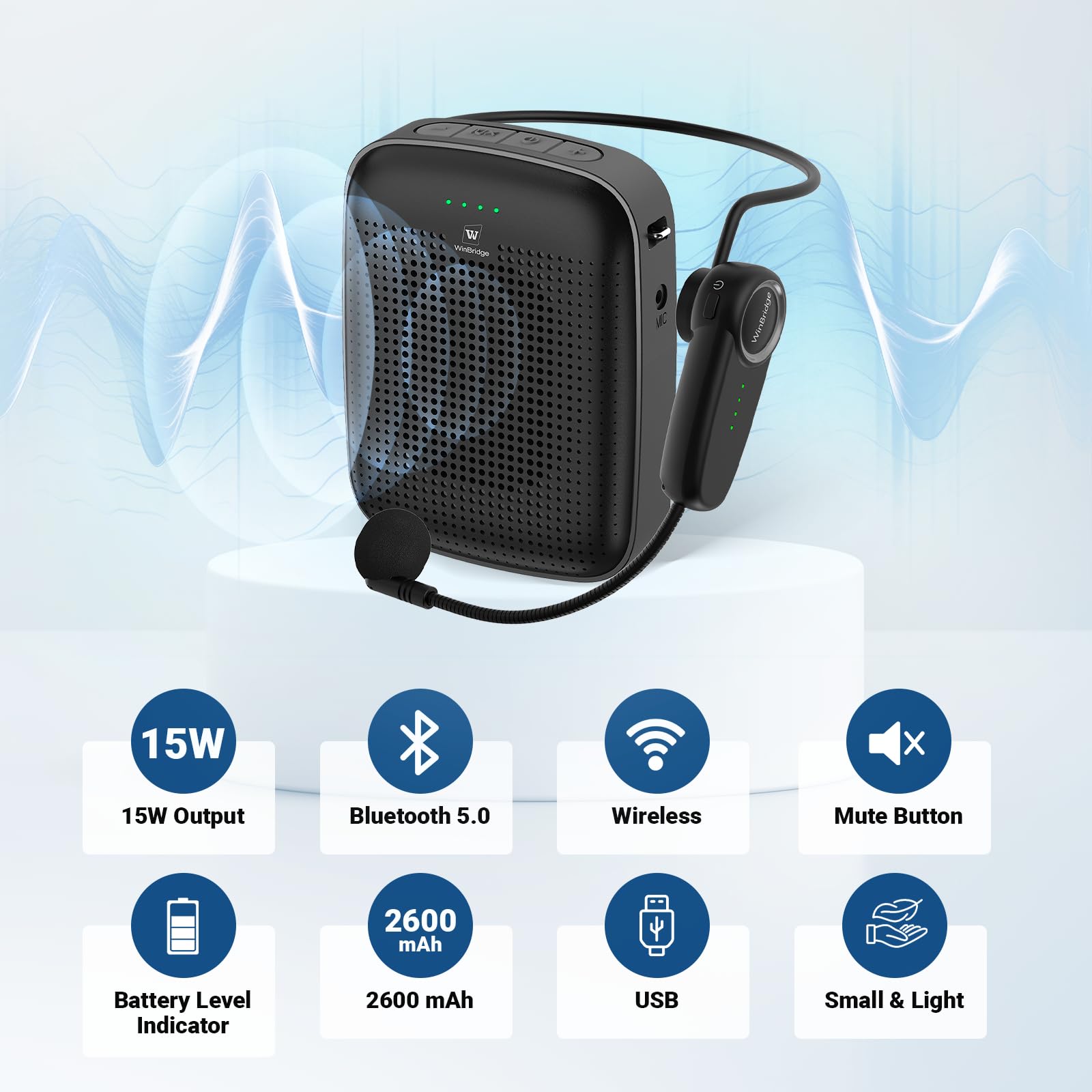 15W Wireless Voice Amplifier with Bluetooth Headset Microphone for Teachers