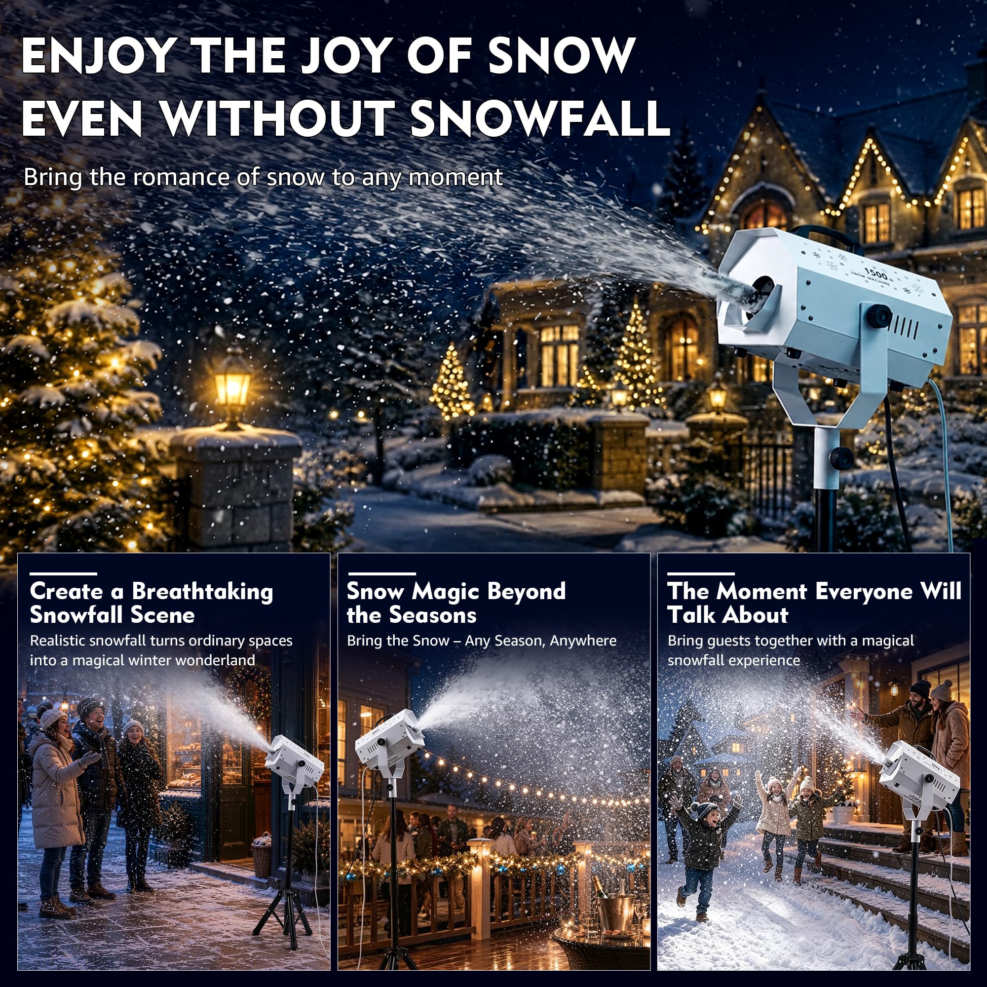 Snow Machine, 1500W Artificial Snow Making with Wireless Remote, Adjustable Snowflake Size & 59–69″ Stand, Snow Generator Fake Snow Maker for Christmas, Parties, Weddings & Holiday Events